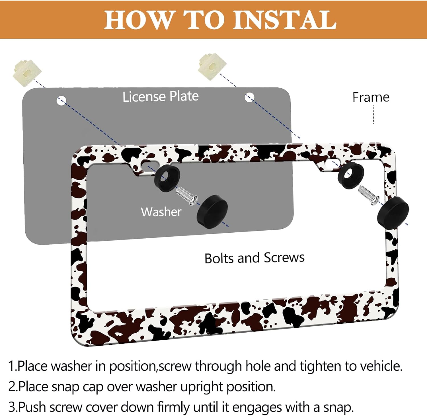 HCSS Brown Cow Print License Plate Frame Cute Animal Spots License Plate Holder Universal Aluminum Metal Auto Parts Rust-Proof Waterproof Car Decorative Tag Frame for Standard US 12x6 Inch image 3