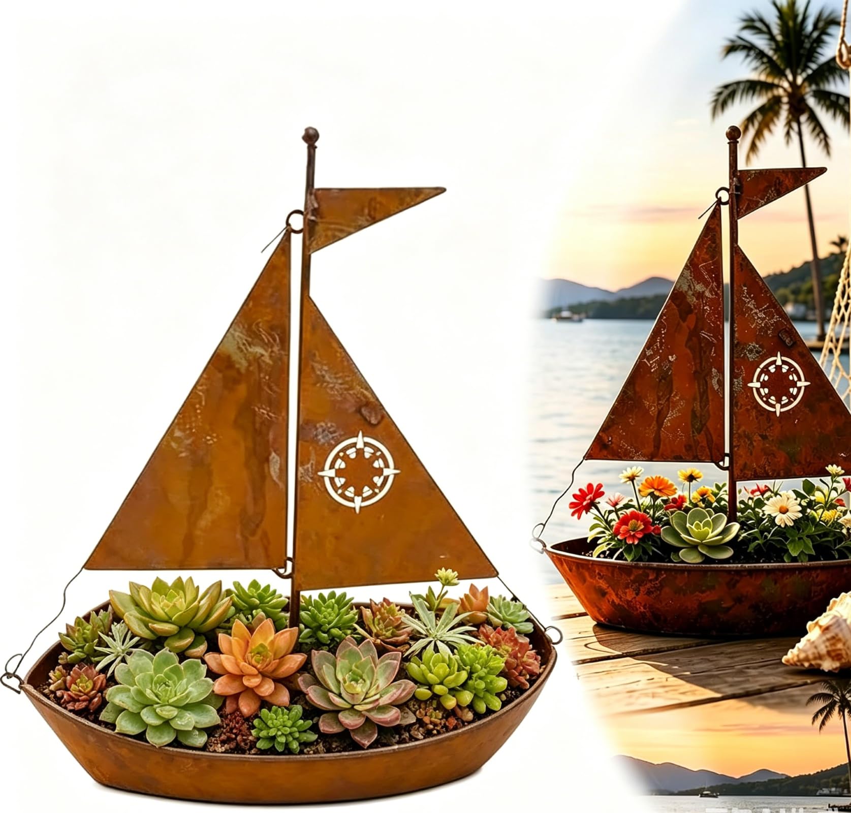Rustic Sailboat Metal Planter, Handcrafted Iron Sailboat Sculpture Planter, Coastal Tabletop Boat Planters Pot, Weather-Resistant 3D Garden Decor for Succulents Flowers