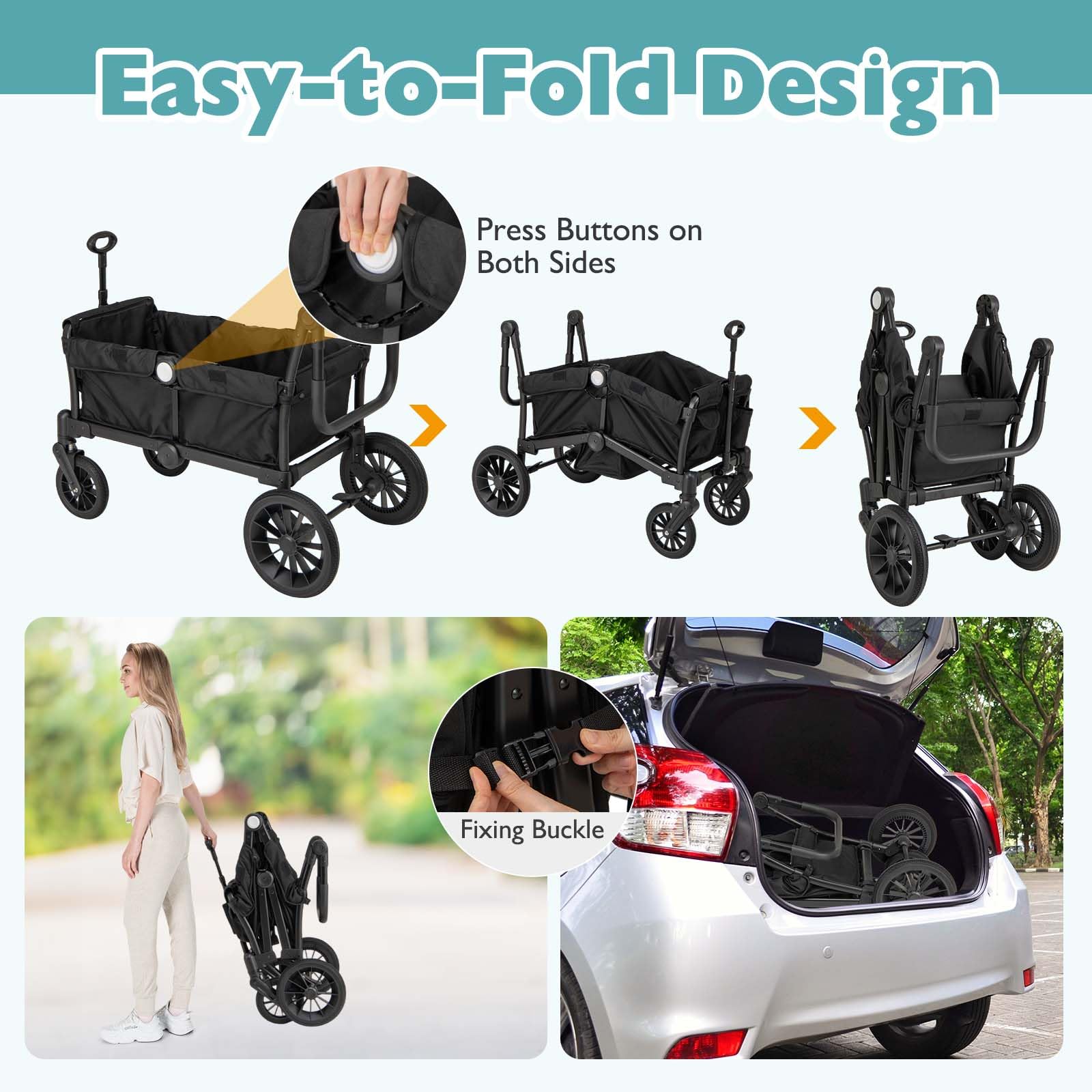 DREAMADE Kinderwagen für 2 Kinder, faltbar Bollerwagen mit Sonnendach, Zwillingskinderwagen mit verstellbaren Griffen, Sicherheitsgurt & Stauraumtaschen, Reisebuggy für Baby ab 6 Monaten (Schwarz)