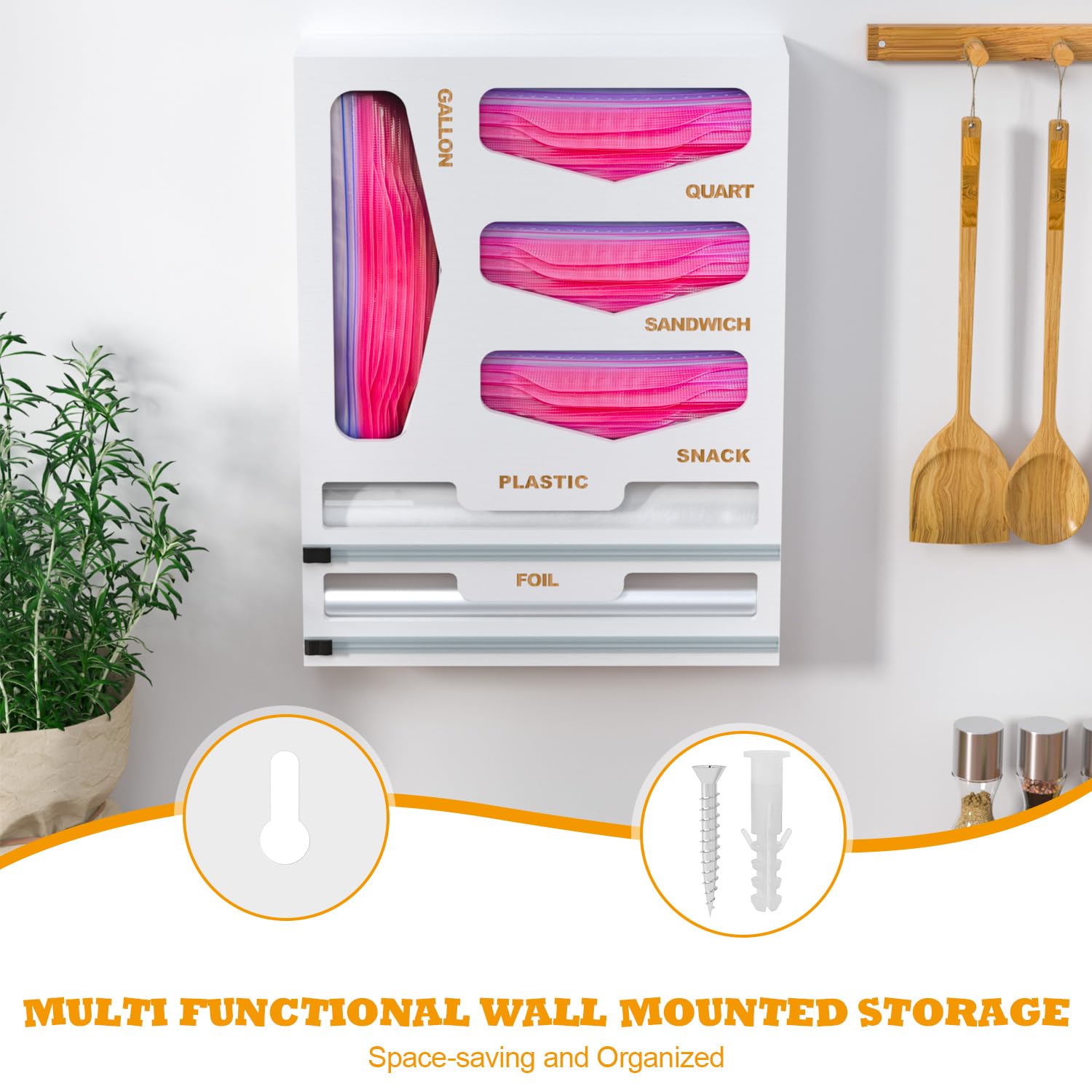 DALSHABET Bamboo Bag Organizer With Magnetic Closure, 6 In 1 Kitchen Drawer Foil And Plastic Wrap Dispenser With Cutter Storage Bag For Gallon Quart Sandwich Snack Black