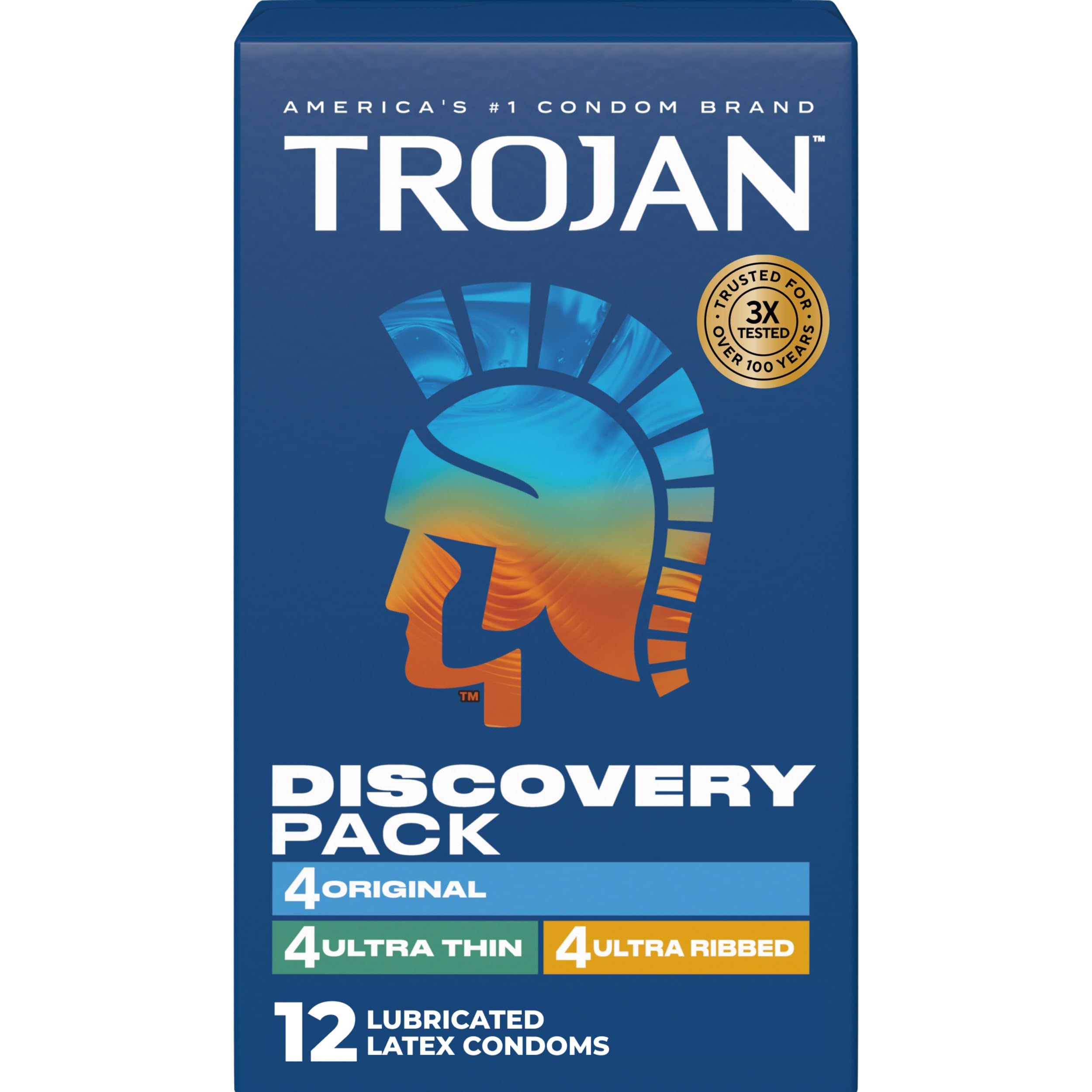 Trojan Discovery Pack Assorted Latex Lubricated Condoms for Men Original Ultra Thin Ultra Ribbed Varieties 12 Count