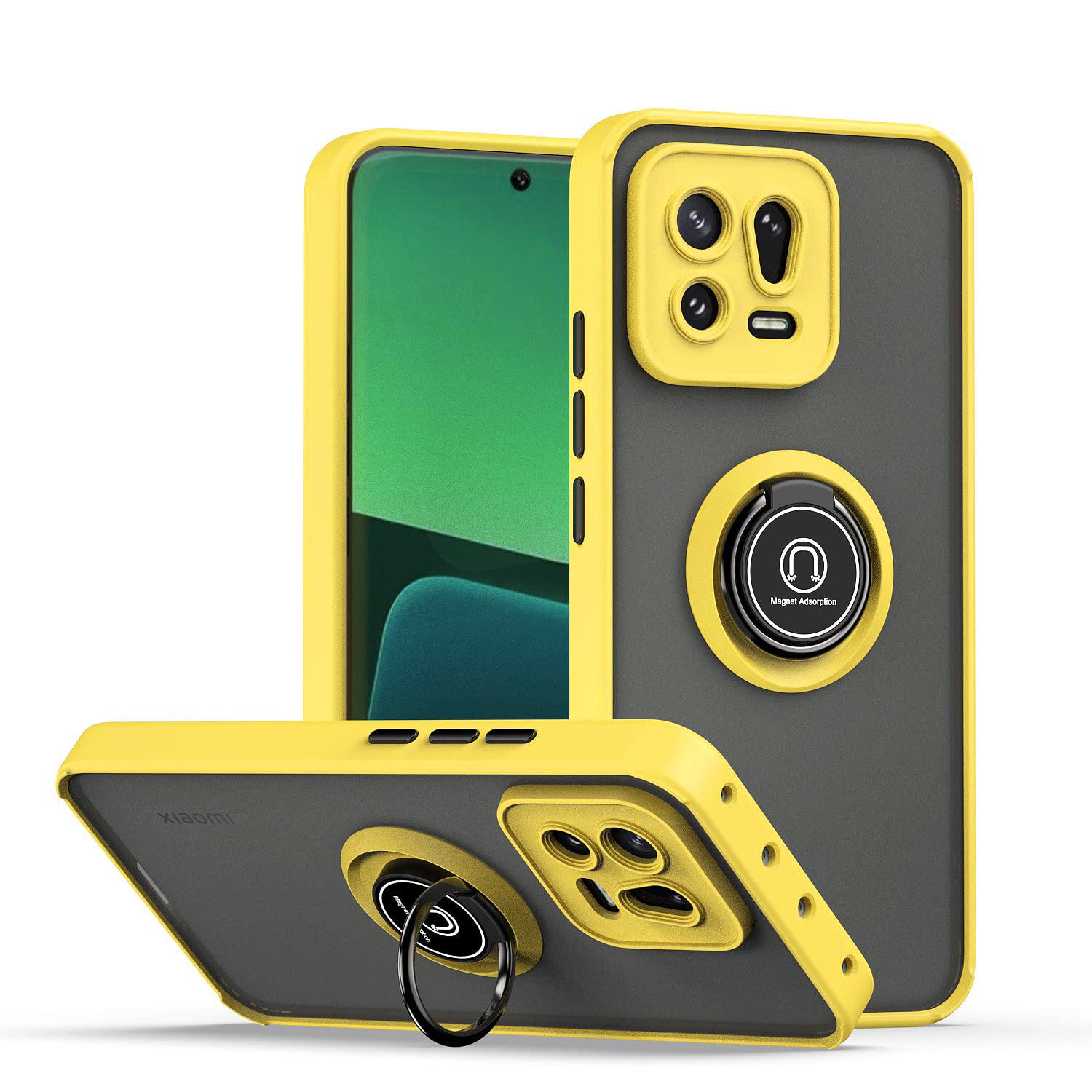 XINYEXIN Cover per Xiaomi Redmi Note 9S / Redmi Note 9 Pro, Traslucida Custodia Antiurto Antigraffio con Supporto Anello a 360°, PC + TPU Bumper Case - Giallo
