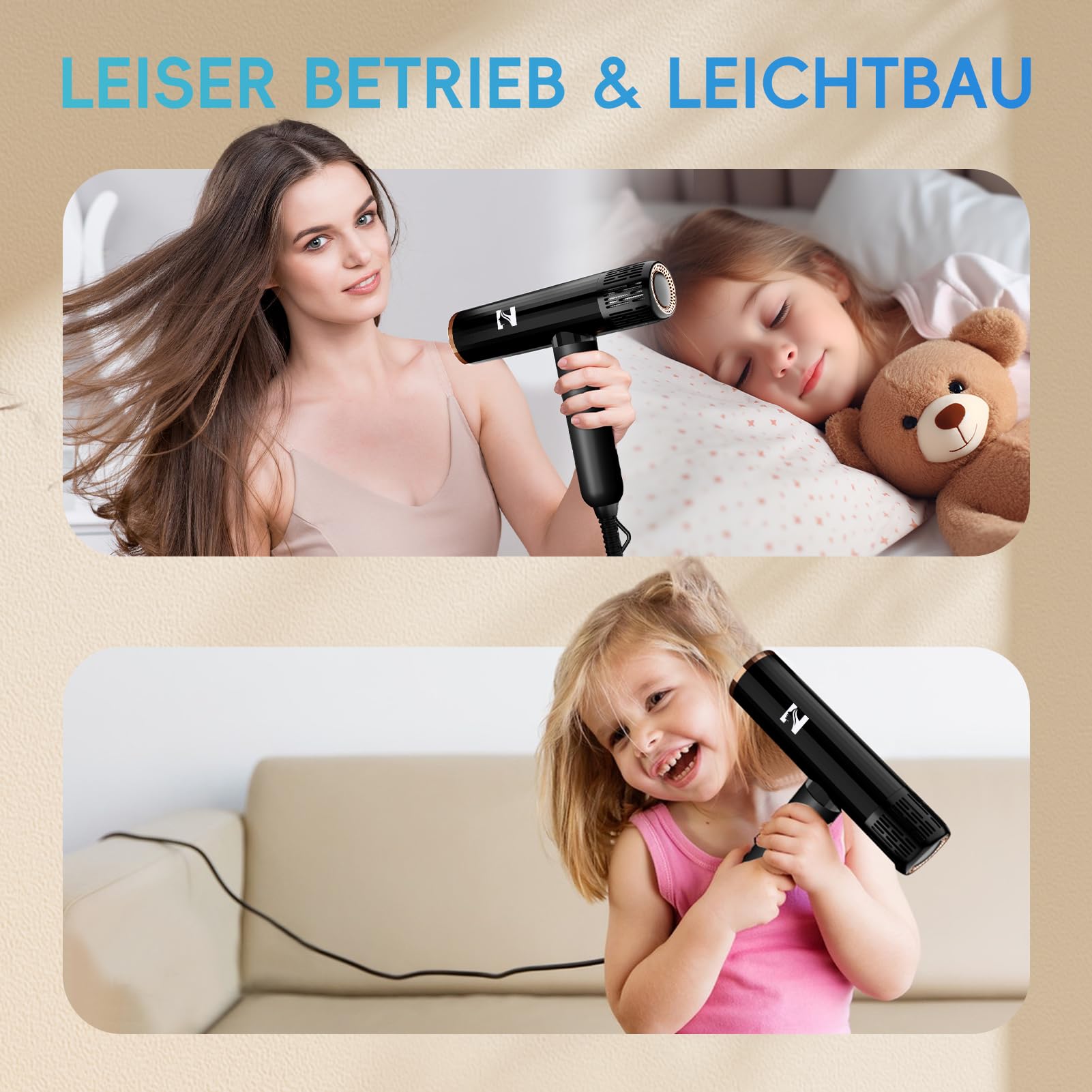 NICEBAY Ionen Föhn mit Diffusor，1900W Hochgeschwindigkeits Haartrockner | Profi Fön mit 110000 U/min BLDC Motor für Schnelles Trocknen, 4 Temperatur- & 3 Luftstufen, Leicht & Leise，Schwarz/Gold
