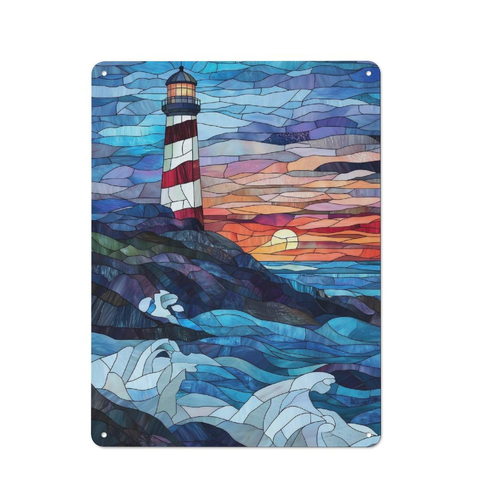 Junmoney Style-12 Stained Glass Lighthouse Sunset Retro Metal Plaque 40X30cm For Living Room Or Hallway, Suited To Hallway Decor Fans
