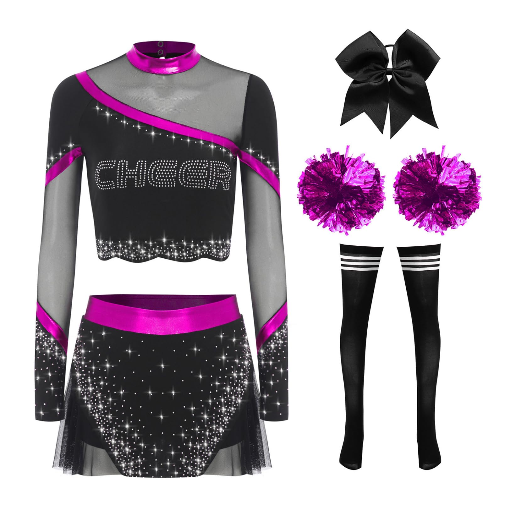 Erwachsene Cheerleading Anzüge Glänzende Rhinestones Teil Set Cheerleading Uniform Langrohr Strumpf Set Tanz