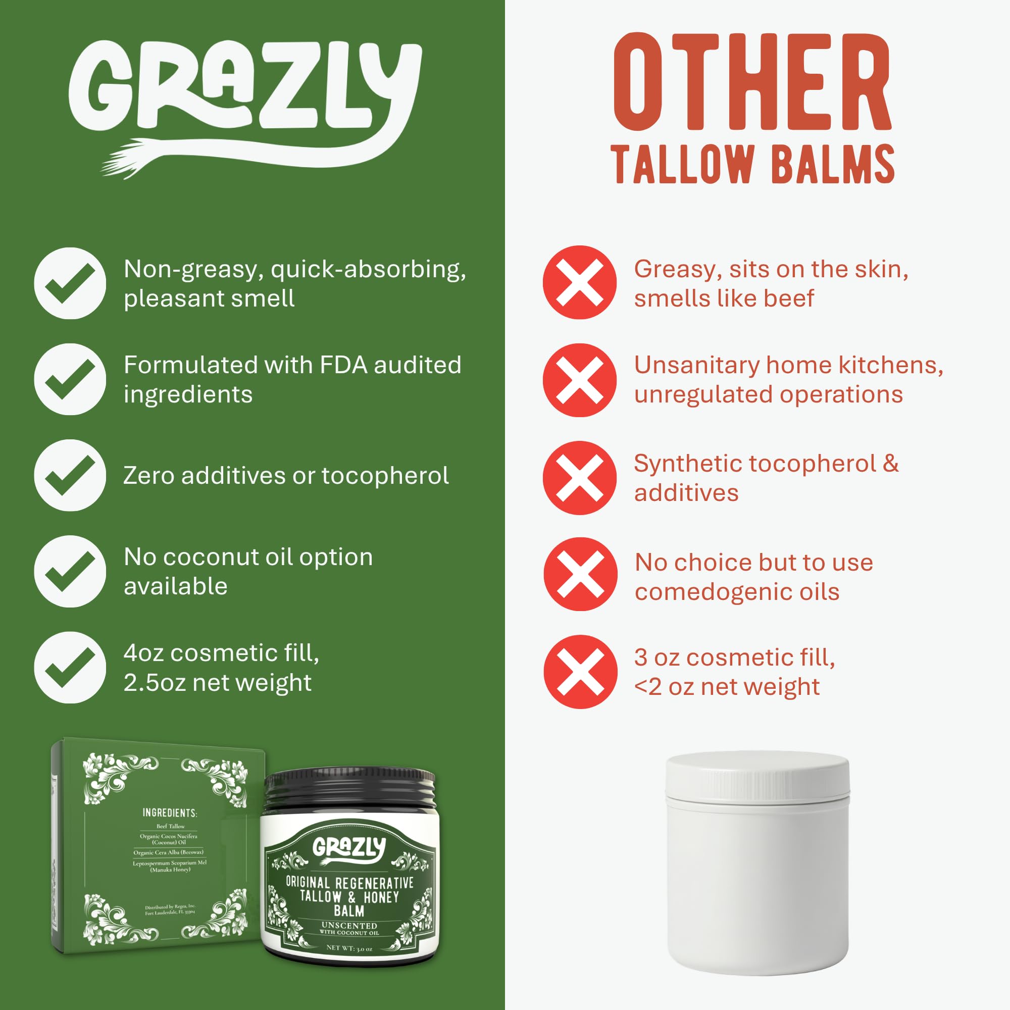 Grazly Beef Tallow & Manuka Honey Balm with Beeswax, 3 oz