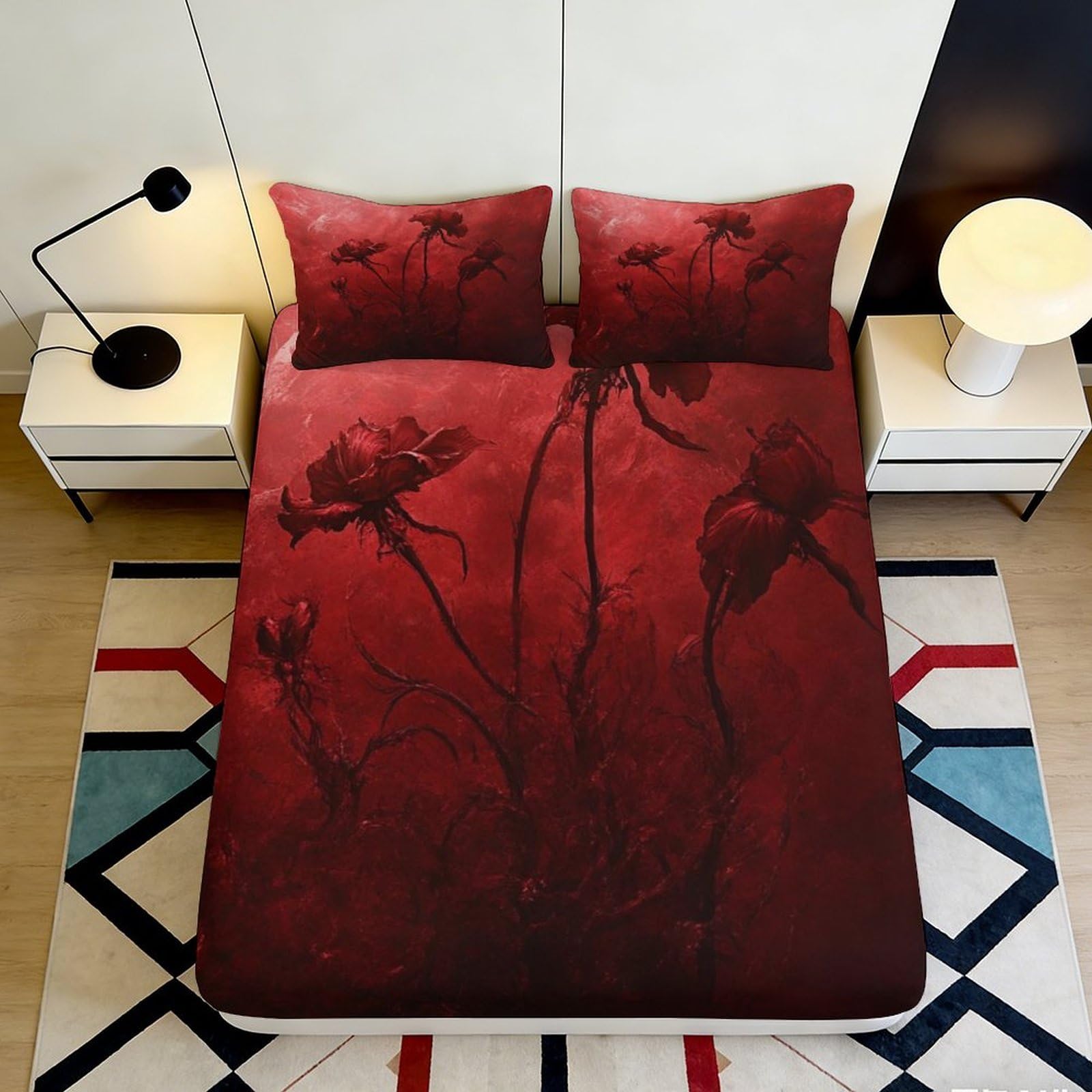 Jxqhbvmg Style-10 3D Printed Red Floral Fitted Sheet Microfiber Deep Pocket Washable Non-Slip Bedding Set Red Floral Mattress Fitted Cover Full Wrap For Bedroom All Ages 90X200x25cm