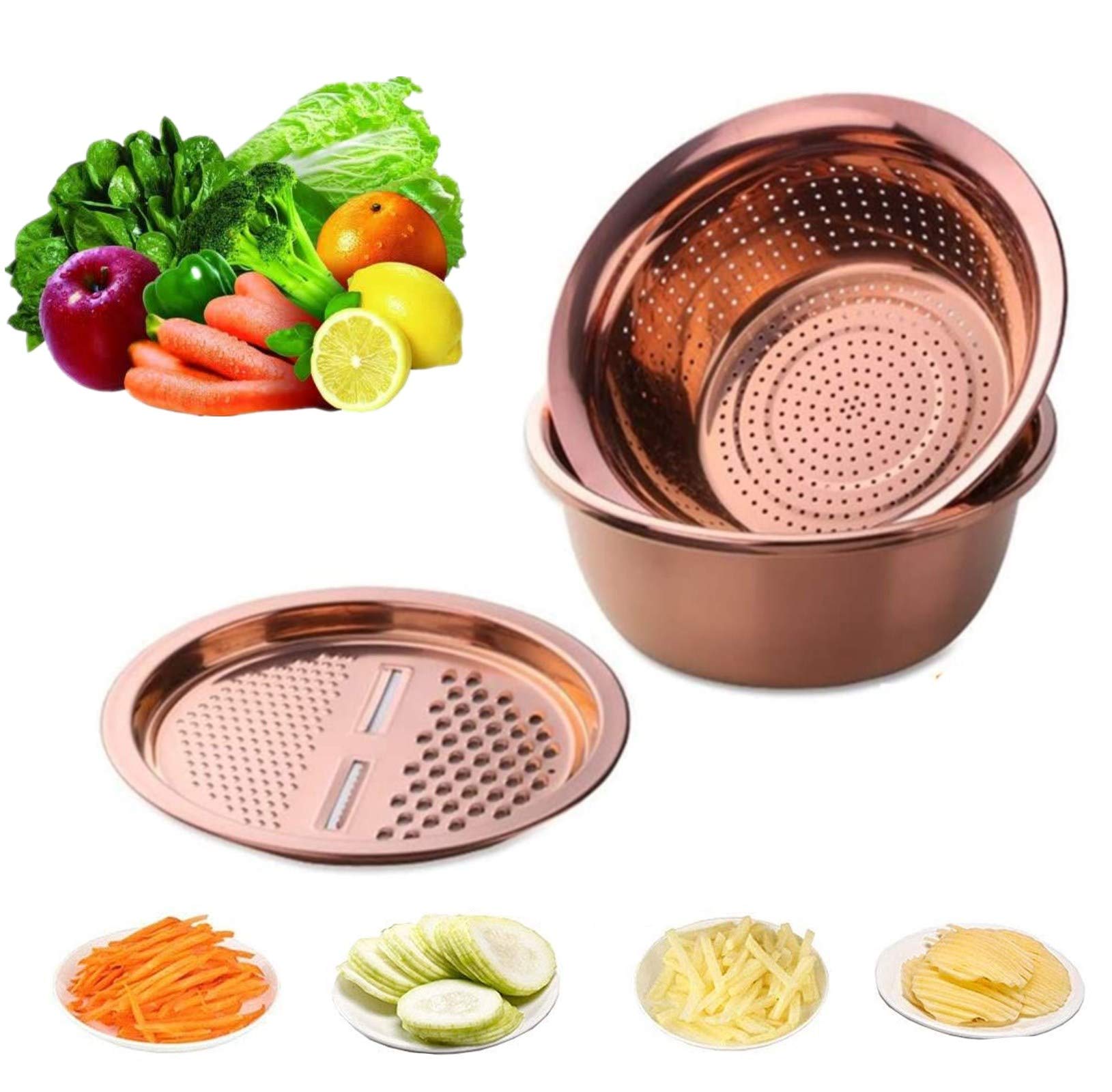 QOBIMOON 3PC/Set Colander set Stainless Steel Vegetable Slicer Fruit Potato Peeler Carrot Grater Strainer Utensil Round Rice Washer Bowl Drain Basket-Rose Gold