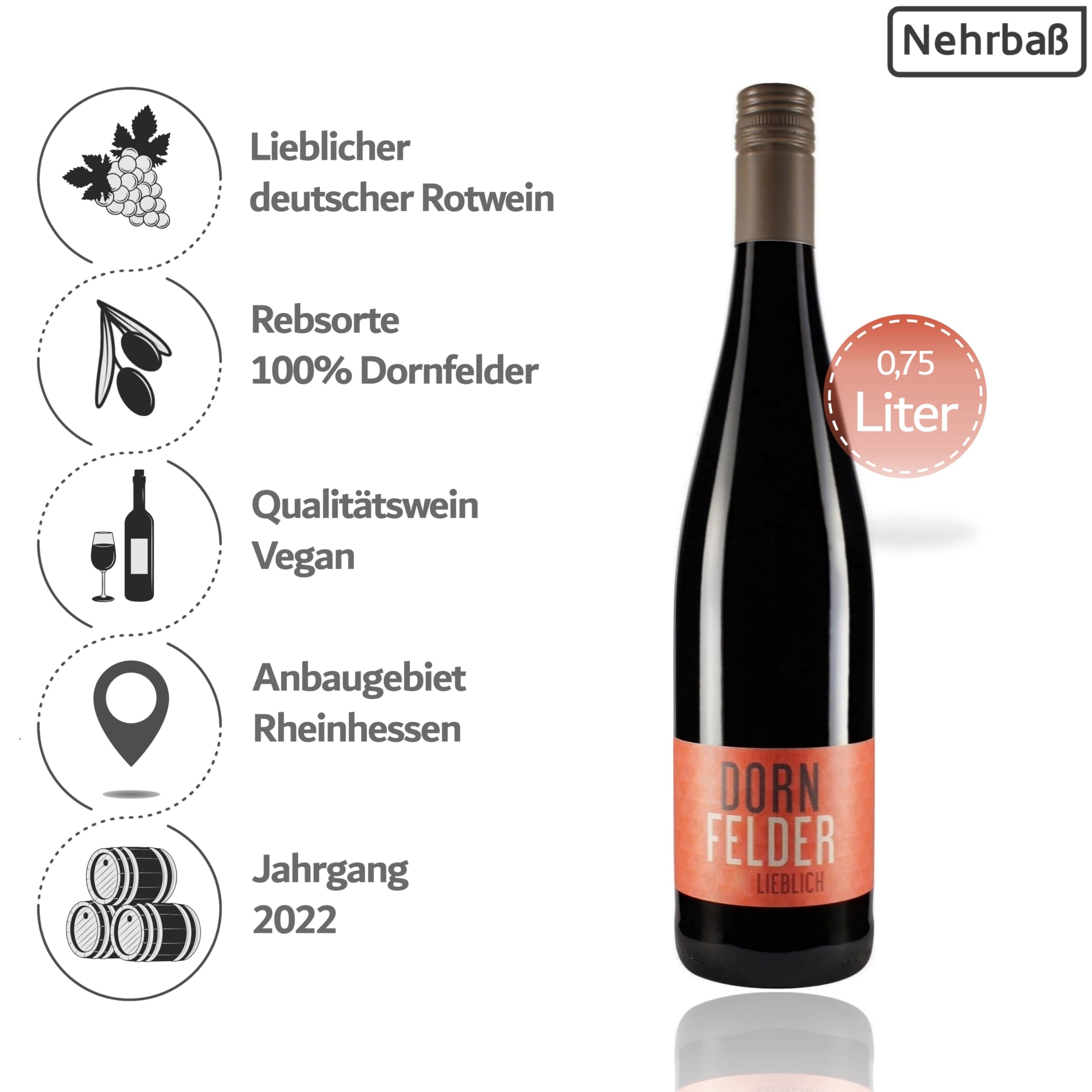 Nehrbaß - “Dornfelder 2022” - Rotwein lieblich 6 x á 0,75 Liter - Qualitätswein - Vegan - Aus Deutschland (Rheinhessen) - mit Schraubverschluss