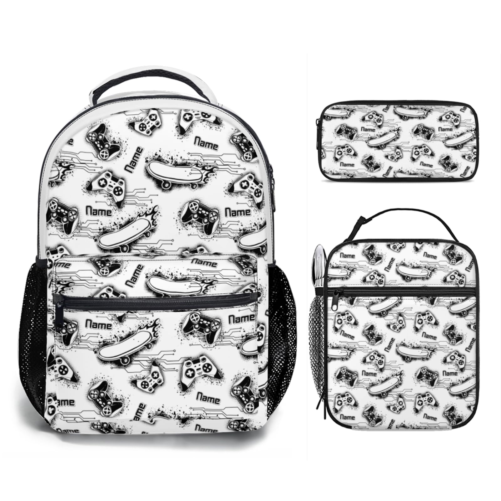 Personalizzata Zaino scuola elementare bambina ragazzo Personalizzate Motivo Gamepad con Nome per school bag Scuola 3 Pezzi zainetto asilo bambino con borsa termica e Astuccio zaini media superiore
