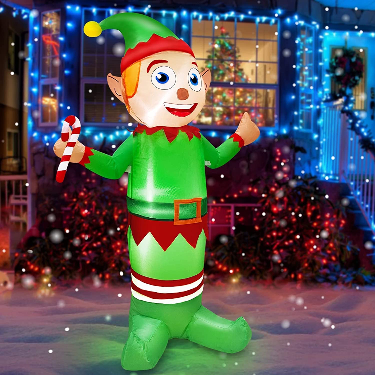 TURNMEON 3.5 Foot Elf Christmas Inflatable Decoration Outdoor Blow up Elf Holds Candy Cane LED Lighted Holiday Christmas Decoration Outside Yard Garden Lawn Holiday Party Indoor Home Xmas Decor