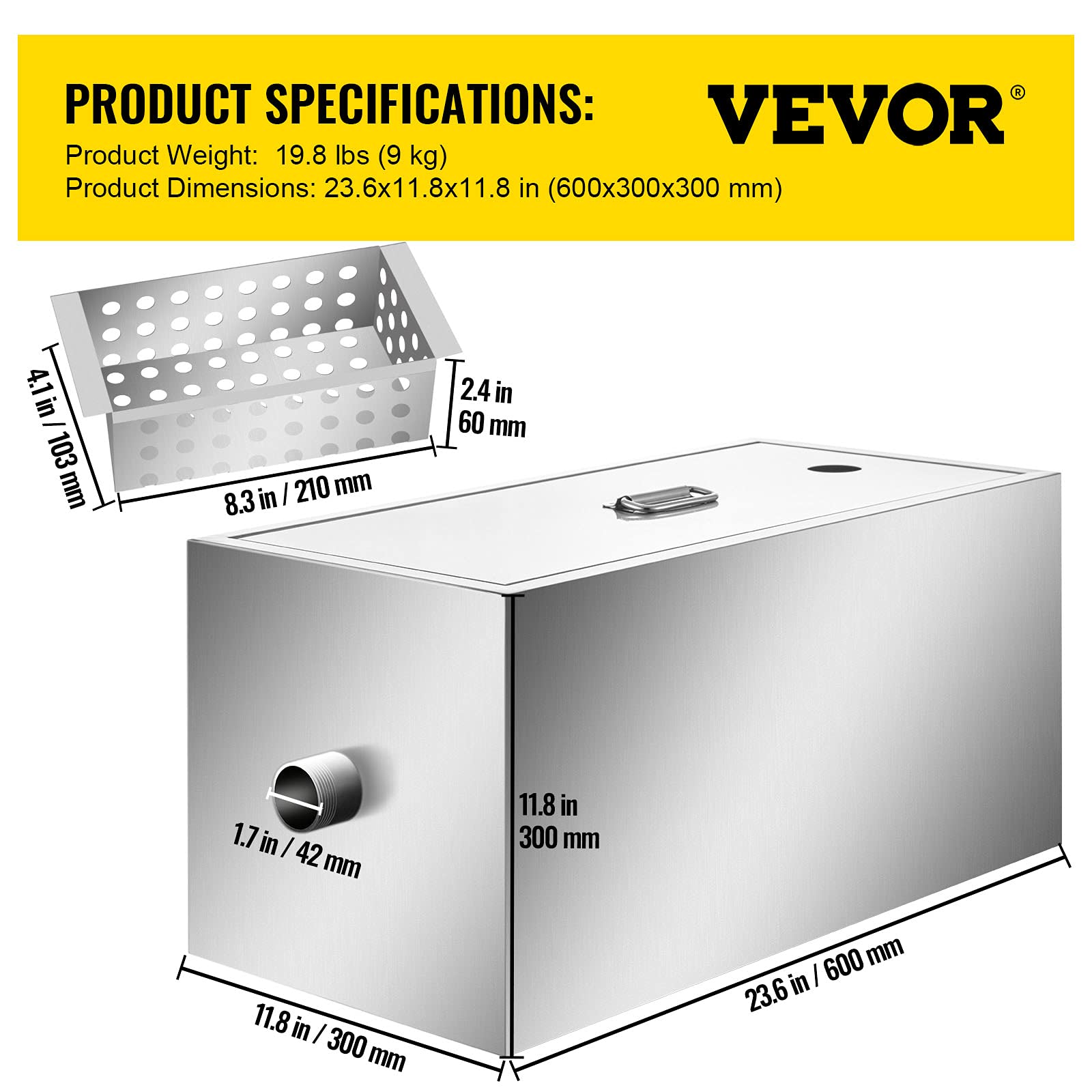 VEVOR Commercial Grease Interceptor, 13GPM Commercial Grease Trap, 25LB