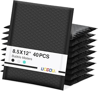 UCGOU Bubble Mailers 8.5x12 Inch 40 Pack Usable Size 8.5x11 Inch Black Padded Envelopes Medium Waterproof Packaging Bags for Shipping Self Seal Strong Adhesive Envelopes for Jewelry Makeup Supplies