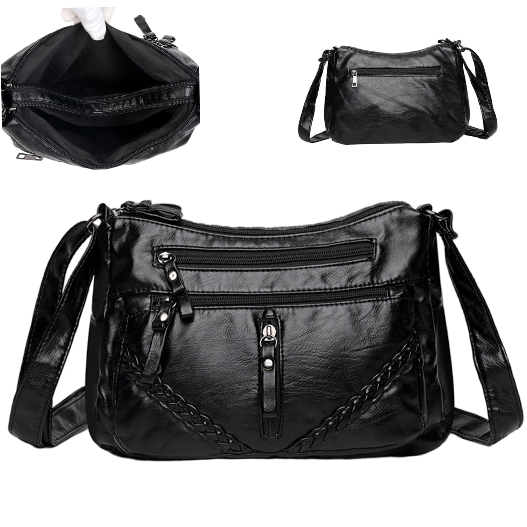 Wedhapy Black Shoulder Bag Ladies Handbags, PU Leather Ladies Shoulder Bag with Multi-pockets, Black Handbag with Adjustable Strap, 8.7x7.1 inch Crossbody