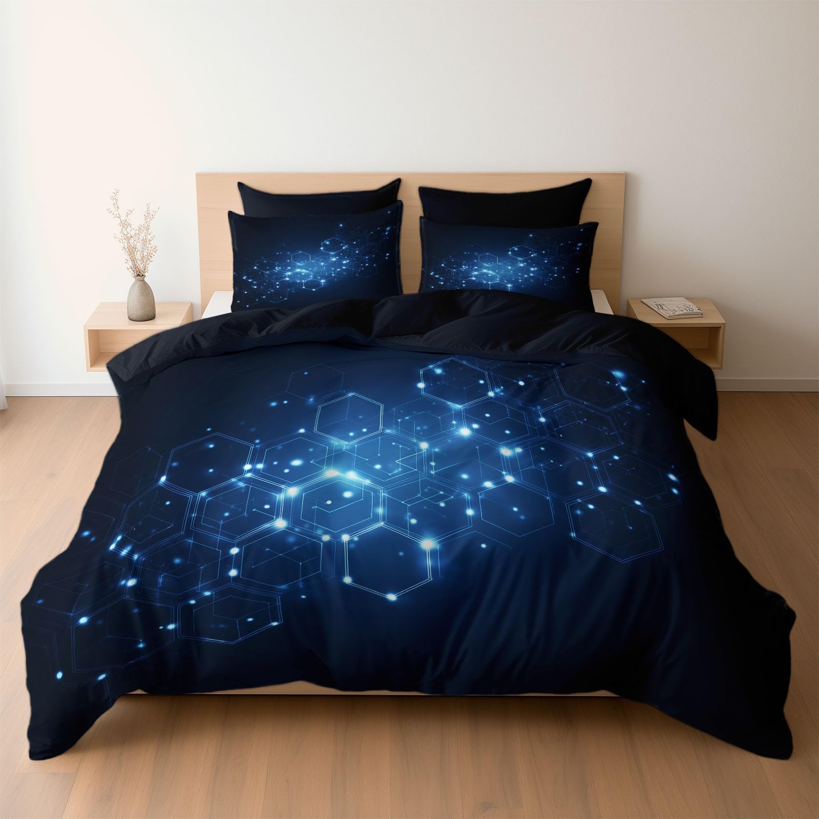Housse de couette 220x240 sans repassage en microfibre bleue avec motifs géométriques