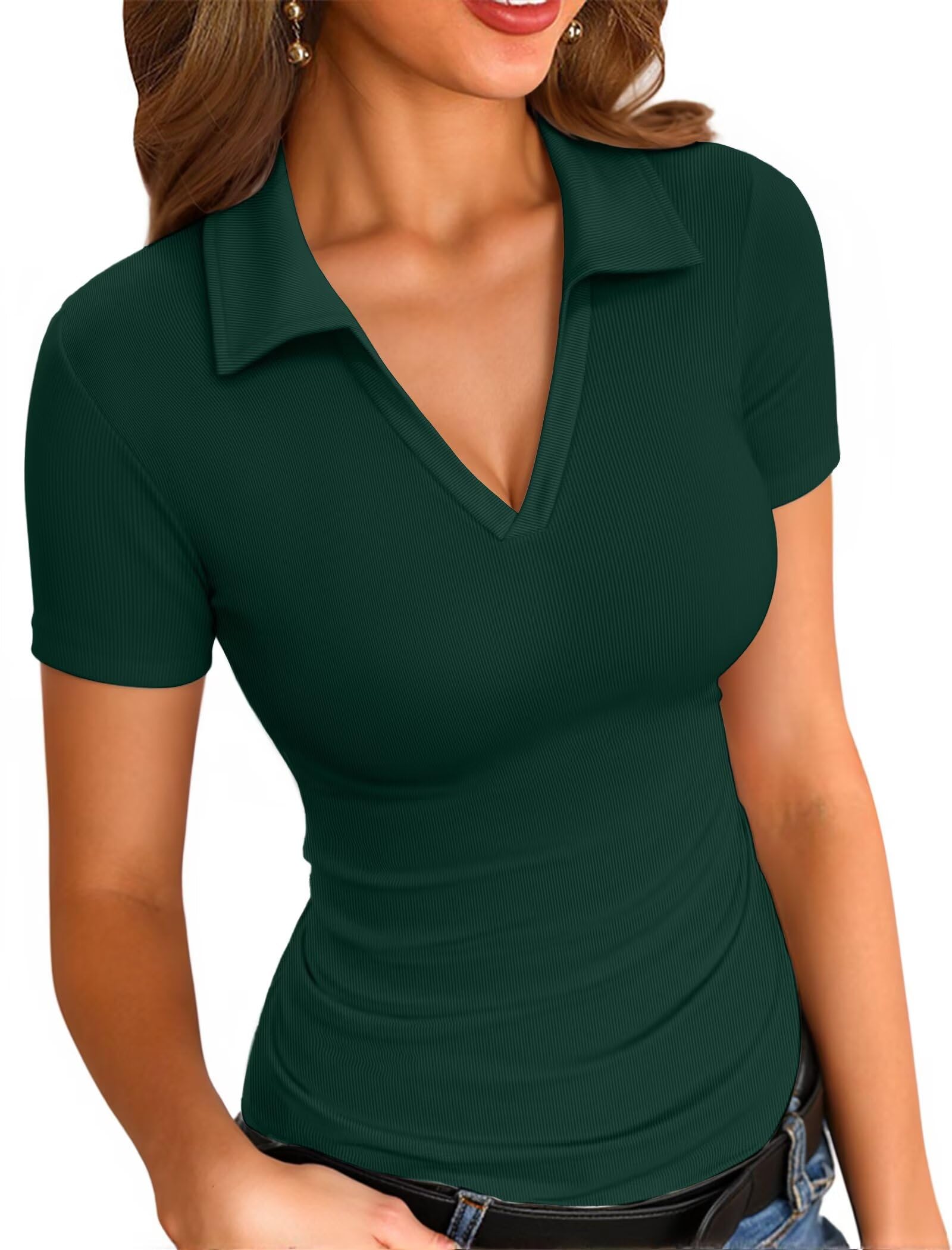 VICHYIE Womens Short Sleeve Shirts Lapel Collared V Neck Slim Fitted Ribbed Knit Tight Polo Tops