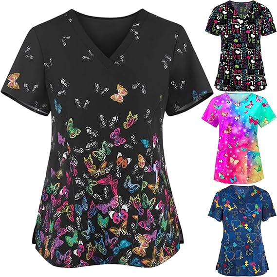 OIOLOYJM Printed Scrub Tops Women V Neck Short Sleeve Plus Size Scrubs for Womens Nursing Uniforms Shirts with Pockets