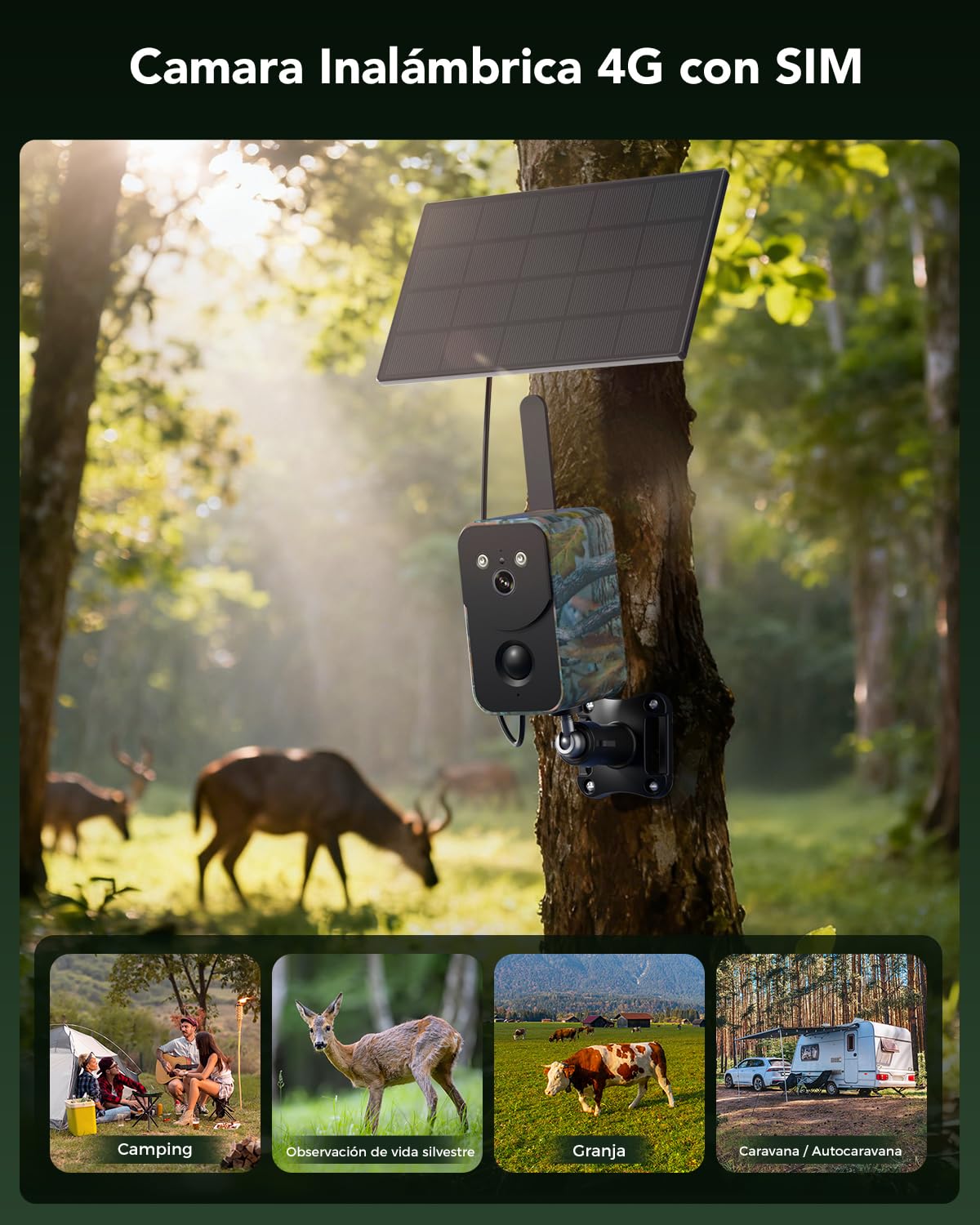 Xega 4G LTE Solar Cámara de Vigilancia con Tarjeta SIM, 10000mAh Batería | Detección de Movimiento,Audio Bidireccional,Foco y Sirena, Alertas por Aplicación,Resistente al Clima No Compatible con WiFi