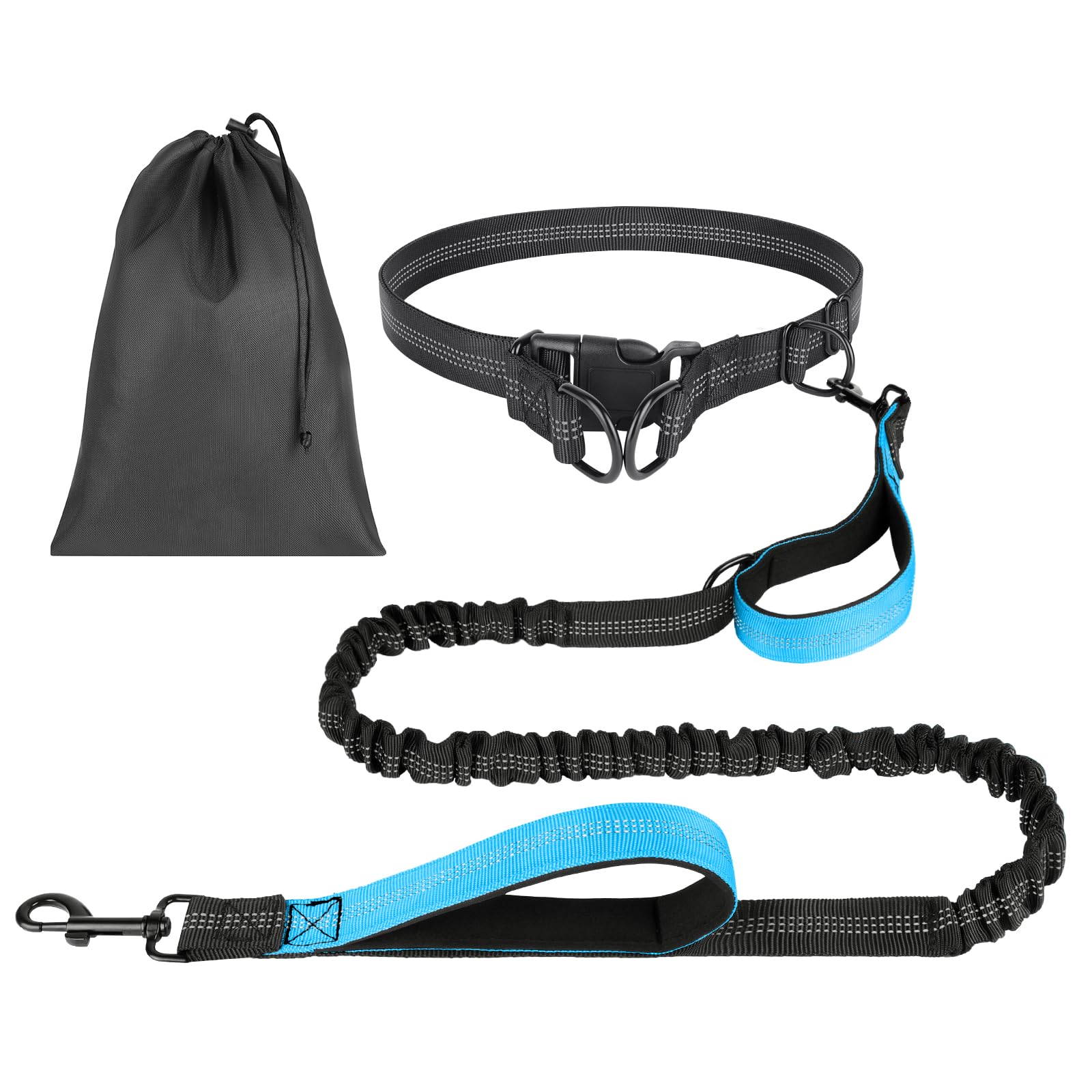 OFFCUP Hands Free Dog Lead with Pouch, Dog Running Lead with Adjustable Waist Belt and Dual-Handle for Walking Hiking Training Jogging, Waist Leash with Reflective Stitches (Blue)