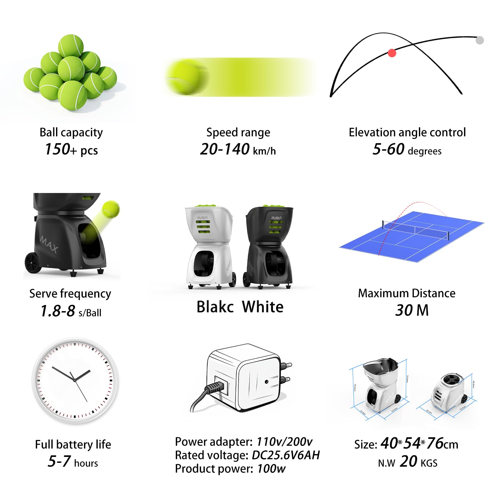 PUSUN PT MAX C Tennis Ball Machine - Pro Launcher, 145+ Ball Capacity, 20-140km/h Speed, 5-60° Angle, 28 Ball Placement Points, 5-7hr Battery, App & Remote Control - Built for Tennis Athletes (White)