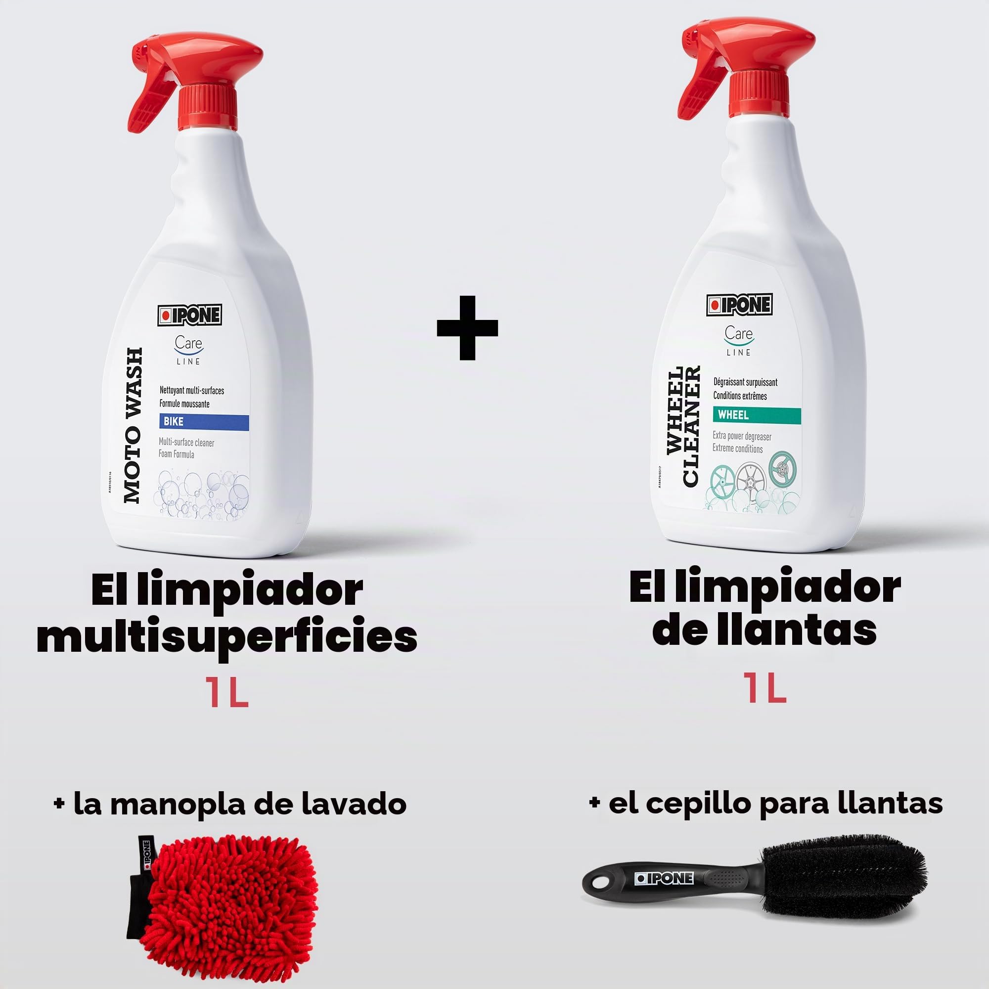 IPONE - Pack de Limpieza Completa para Moto - Cleaning Kit - Moto Wash 1L + Wheel Cleaner 1L + Guante de Microfibra + Cepillo para Llantas