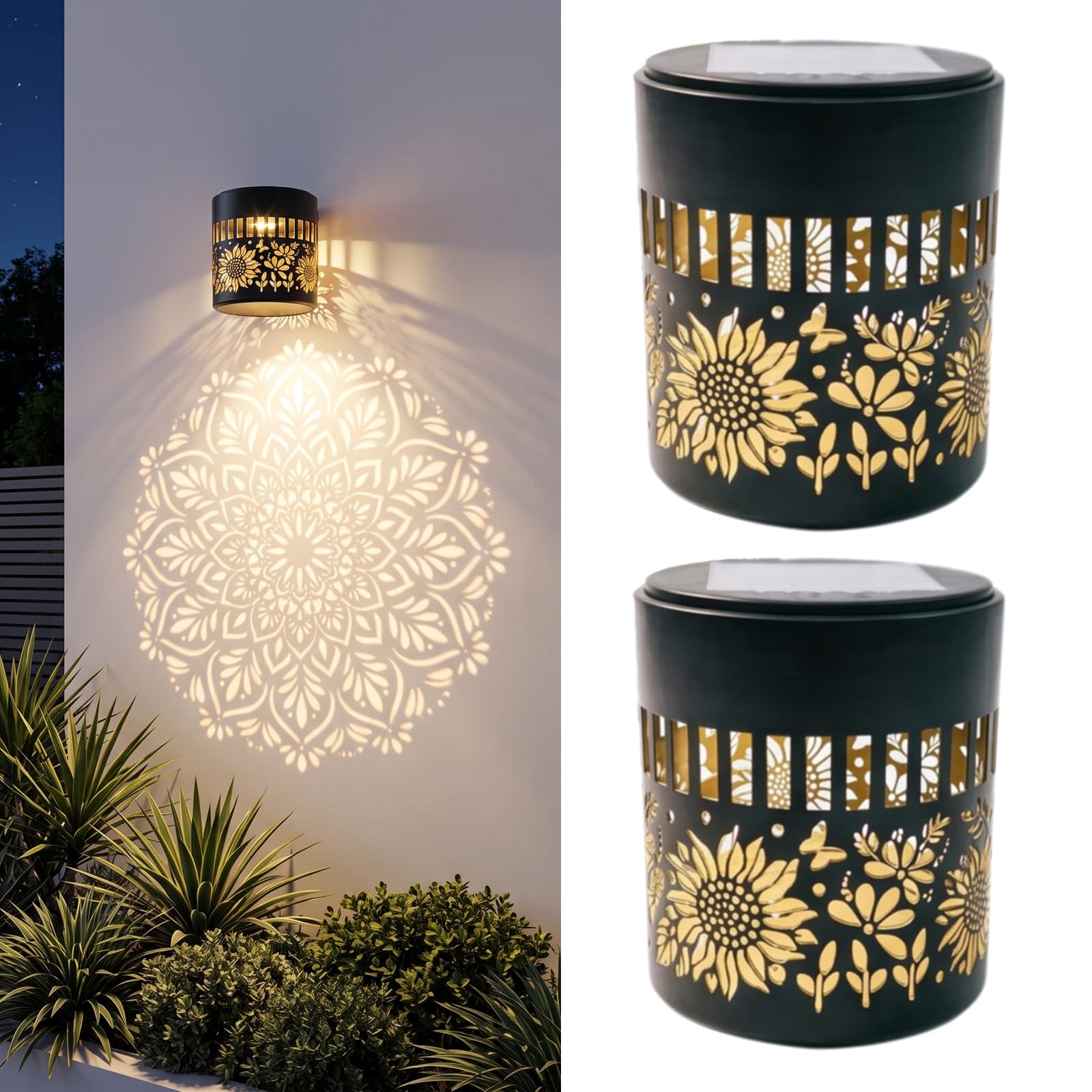 Mnuwoee 2Pcs Solar Mandala Projector Wall Lights Garden Outdoor Fence Light