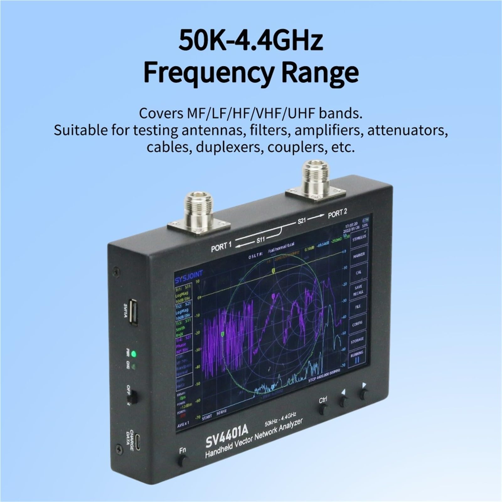 Vna SV4401A 50KHz-4.4GHz Analizator sieci wektorowych 100dB Dynamiczny VNA 7-calowy dotykowy LCD Pamięć wewnętrzna Pasmo MF/LF/HF/VHF/UHF,Antystatyczny