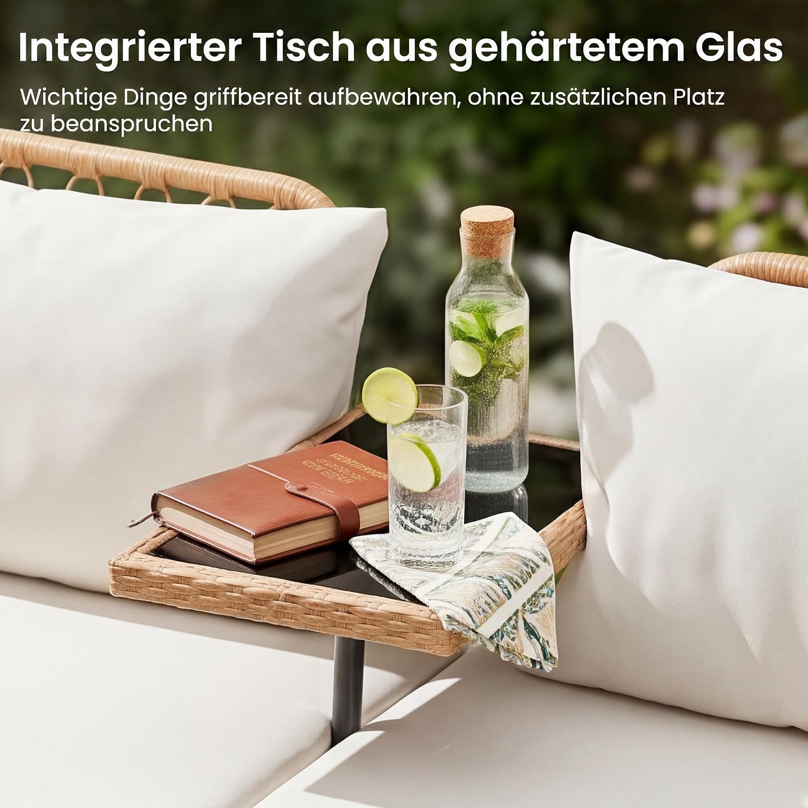 COSTWAY Gartenbank mit Tisch, Polyrattan Bank mit Kissen, 2-Sitzer Sitzbank, Balkonbank, Balkonmöbel, Sitzgruppe für Balkon, Garten, Terrasse, 137 x 64 x 84 cm