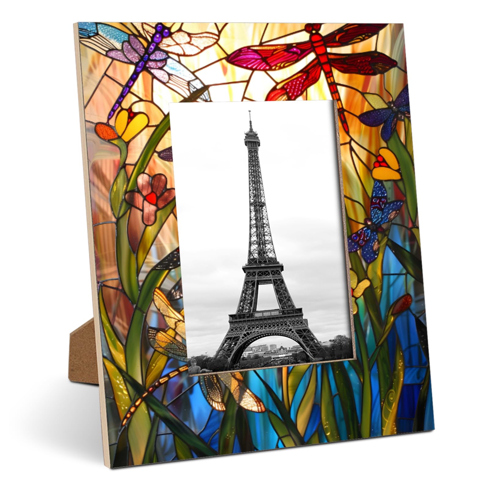 Mintoprints Dragonfly Flower 4x6 Picture Frame, Stained Glass Wood Photo Frame for Table Top Display Horizontal Display or Wall Mounting Vertical Picture Frames