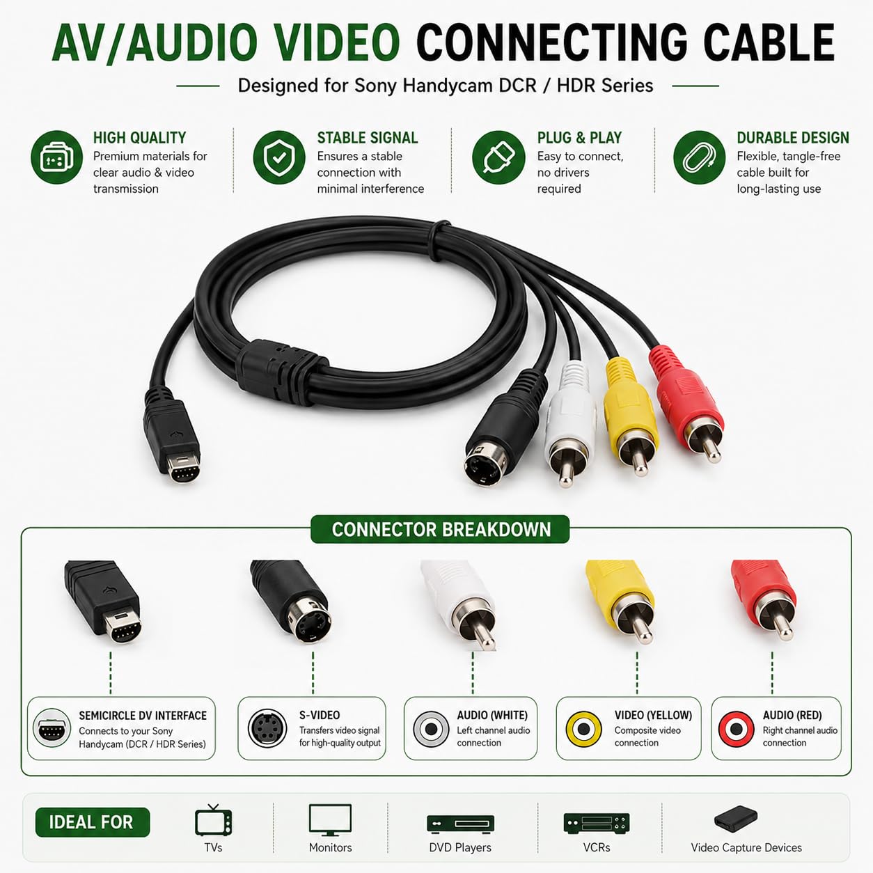 AAA PRODUCTS wysoka jakość - przewód telewizyjny do kamery Sony Handycam - AV/AUDIO VIDEO kabel łączący - zamiennik do VMC-15FS