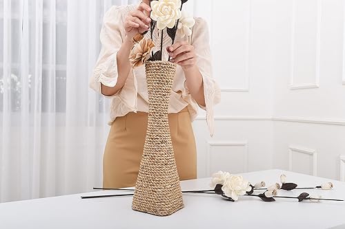 Miniatura 6 de Leewadee Jarrón grande de mimbre Soporte para flores hecho a mano de bambú y basta, sofisticado embudo para ramas decorativas, 16 pulgadas, crudo