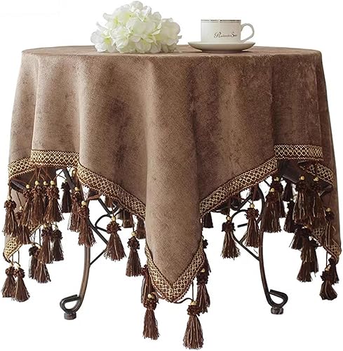 Manteles de lino de algodón sin arrugas, mantel decorativo de tela para mesa de comedor, con borlas, color café, 1 39.4 pulgadas, redondo