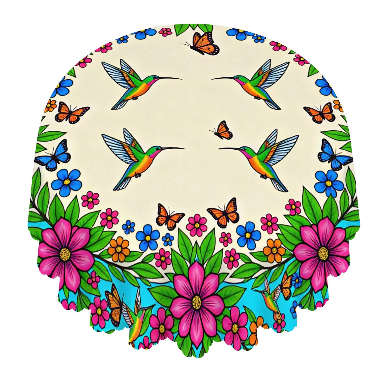 Hummingbird Butterfly Round Tablecloth Waterproof Washable For Dining Party