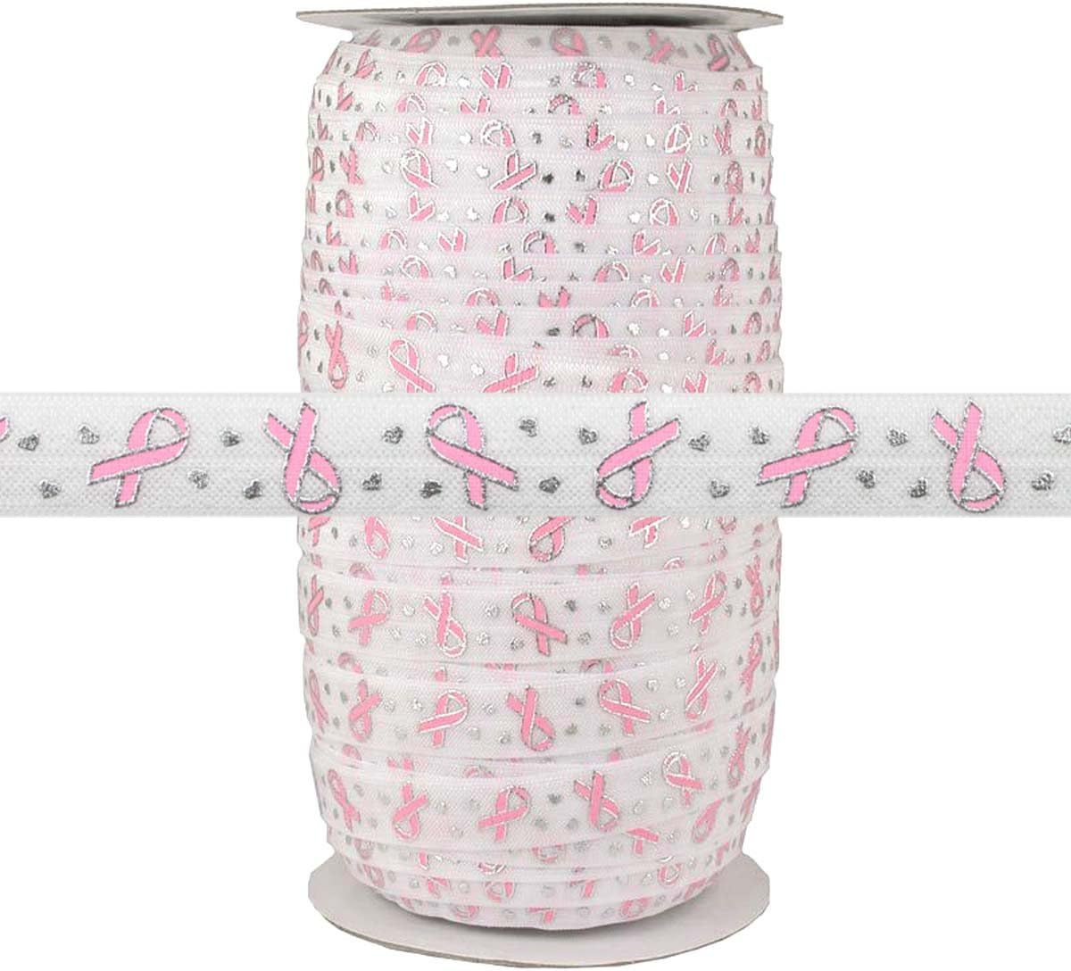 100 Yards - Breast Cancer Ribbon on White - 5/8" Fold Over Elastic - ElasticByTheYard