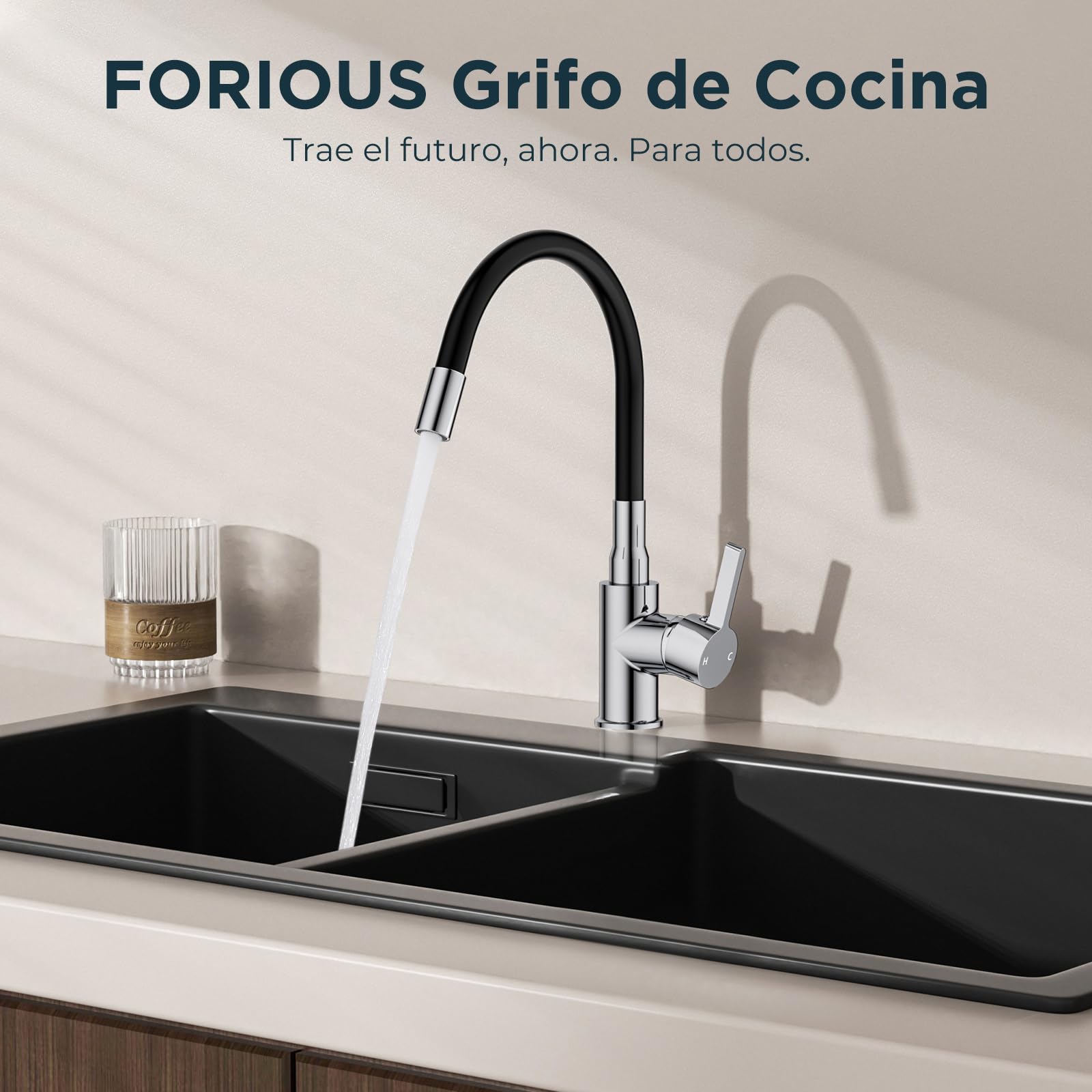 FORIOUS Grifo Cocina Flexible, 360° Giratorio Grifo Cocina Fregadero 1 Orificio,Grifos de Cocina Fregadero Monomando Acero Inoxidable, Cromo Pulido
