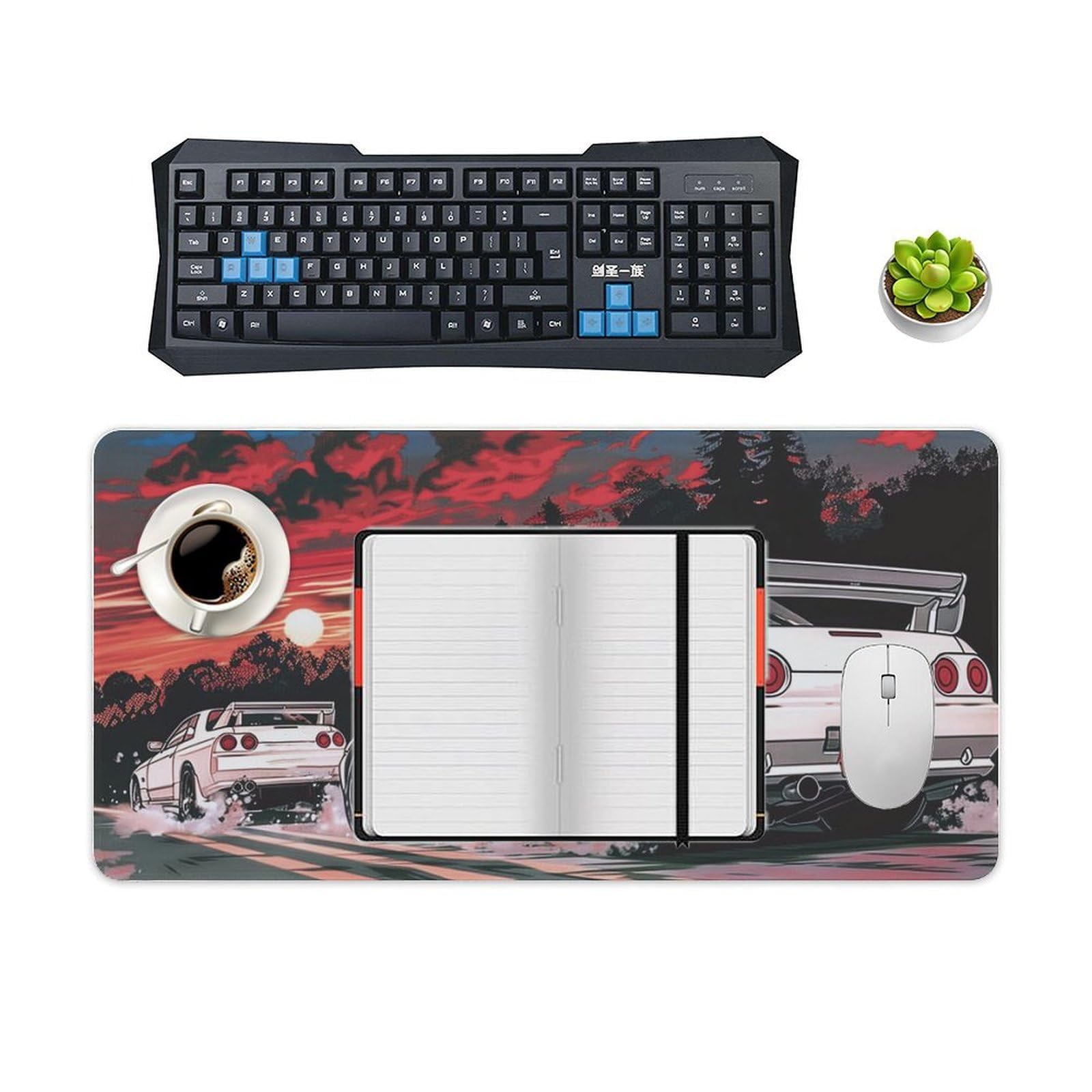 QEOPGNE - Alfombrilla De Mouse Grande Para Coche R32 Japonesa Retrowave Anime JDM Racing Car Desktop Mat Para Teclado Y Mouse Alfombrilla Antideslizante De Goma 30 X 60 Cm