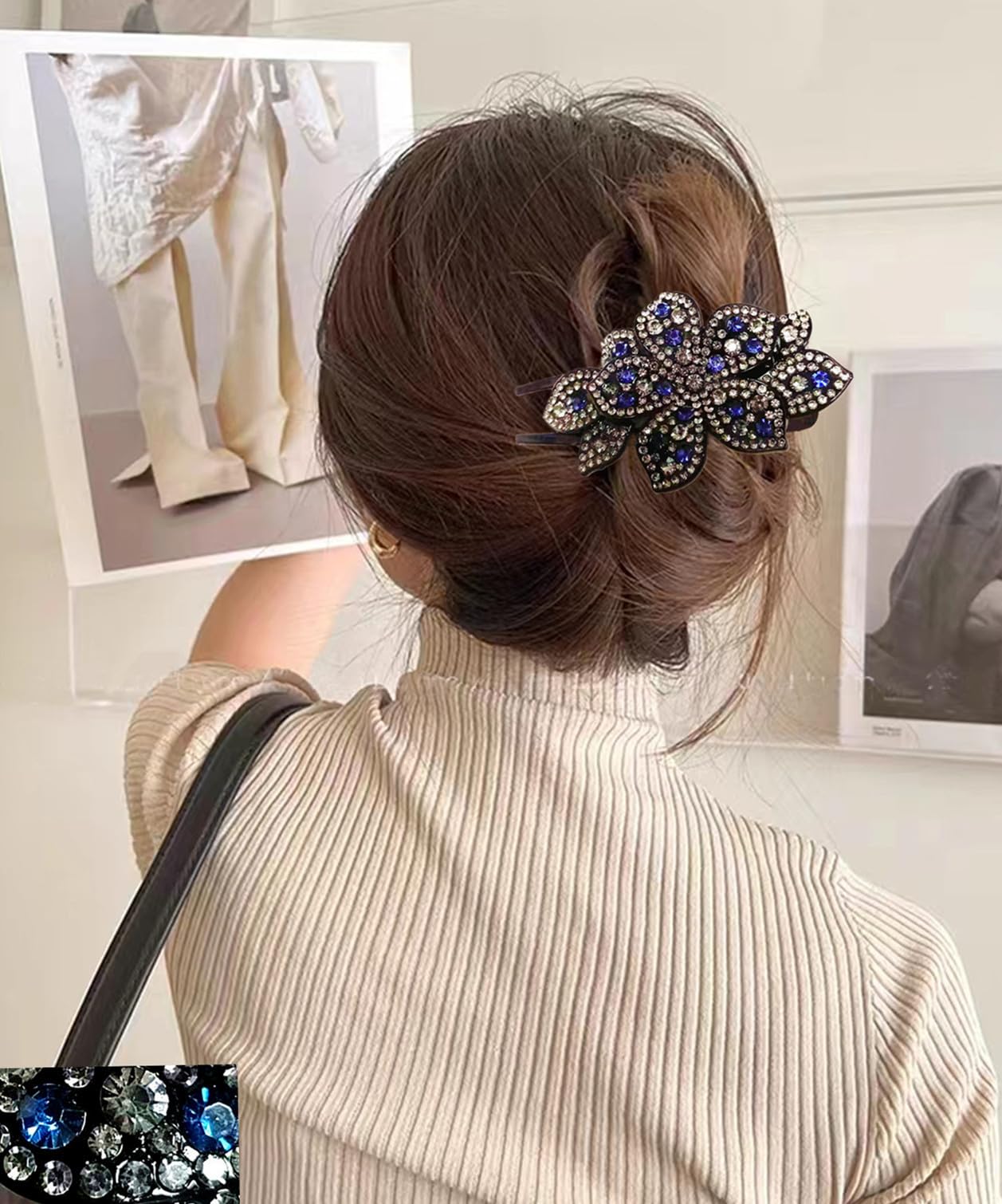 5 fermagli per capelli a doppio fiore con strass, accessori per capelli lunghi da donna, con strass spessi e decorativi (grande)