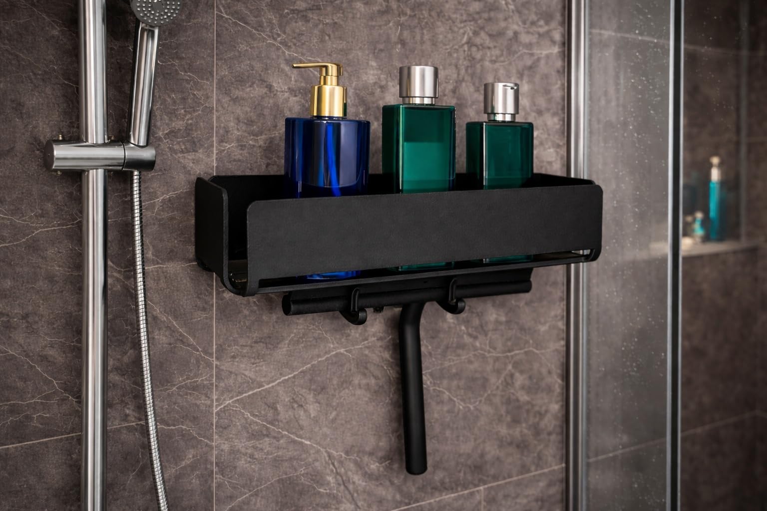 Radius PURORAGGIO Duschablage ohne Bohren – selbstklebendes Duschregal aus Aluminium – Badablage für Shampoo, Duschgel & Seife – moderne Wandablage für Dusche & Bad (Schwarz/ 30 cm)
