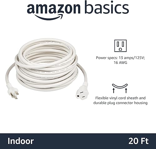 Miniatura 2 de Tienda Basics Cable de extensión, 20 pies, extensor de salida de 3 puntas, cable de extensión interior, 13 amperios, 125 V, blanco