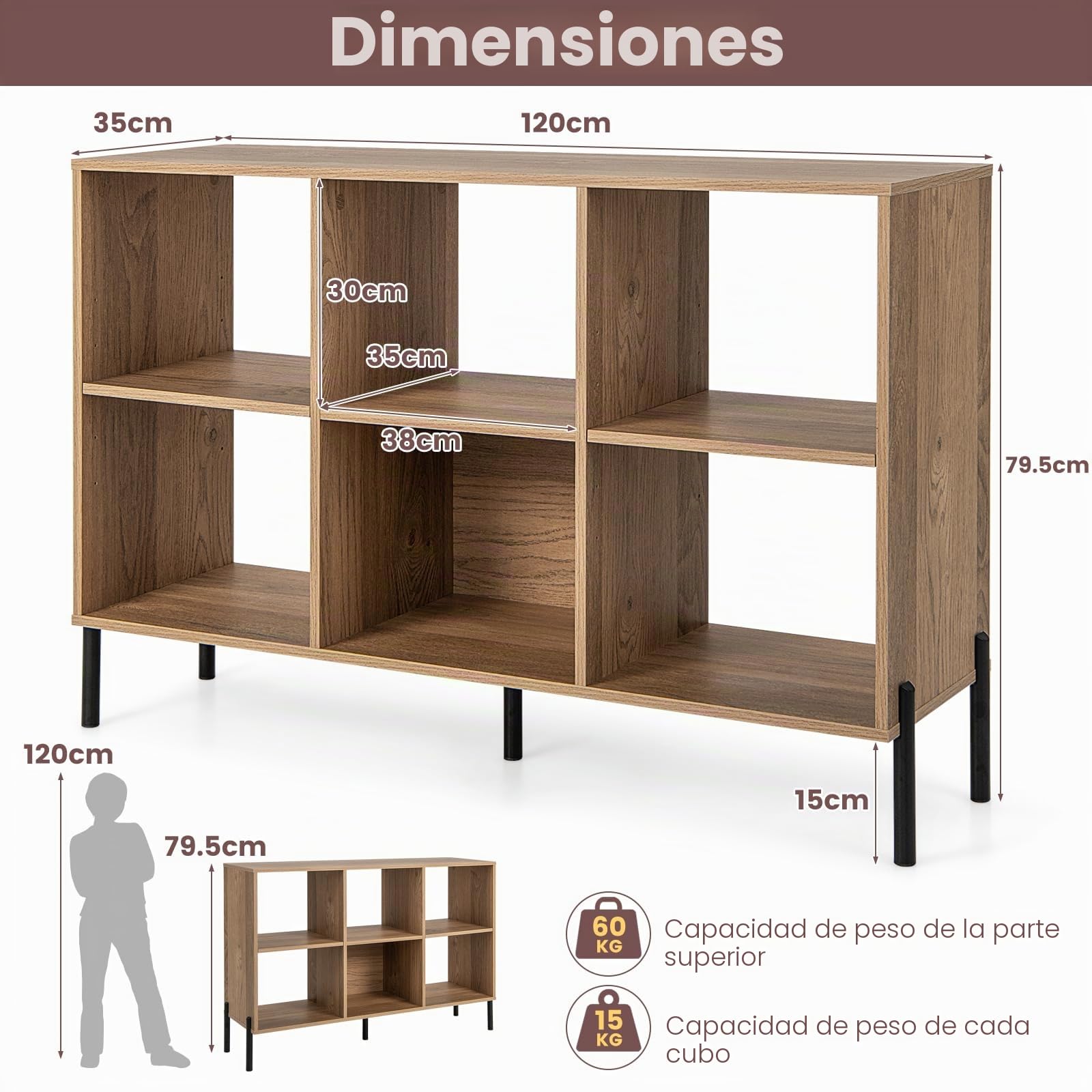 GIANTEX Librería de 3 Niveles, Estantería Abierta de Madera de de 6 Cubos con Patas de Metal, Mueble Independiente con Estante Ajustable para Estudio, Sala de Estar, Oficina en Casa (Natural)