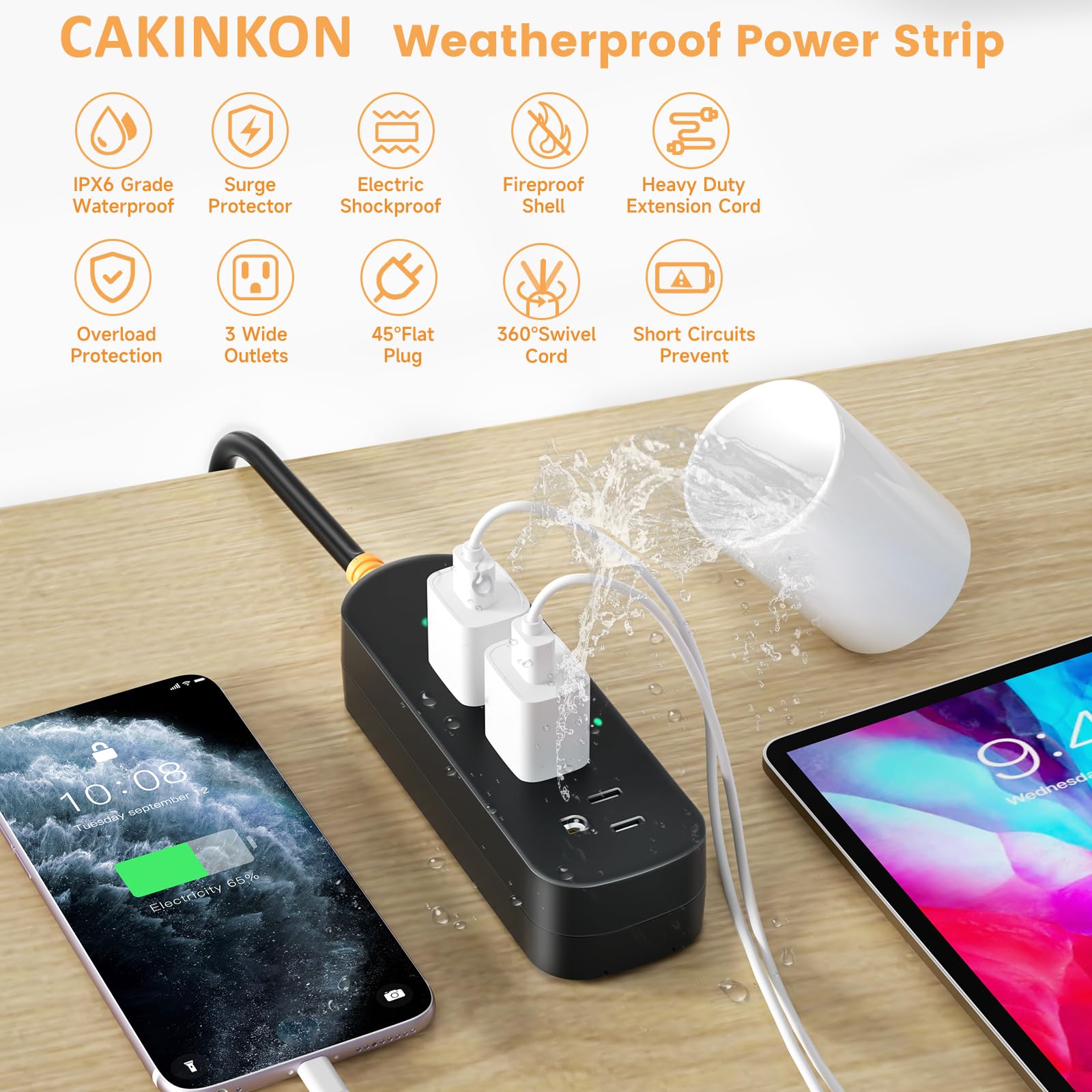 Regleta de alimentación para exteriores, resistente a la intemperie, cable de extensión de 6 pies, 3 salidas de CA, protector de sobretensión, impermeable, compacto para el hogar, oficina, cocina