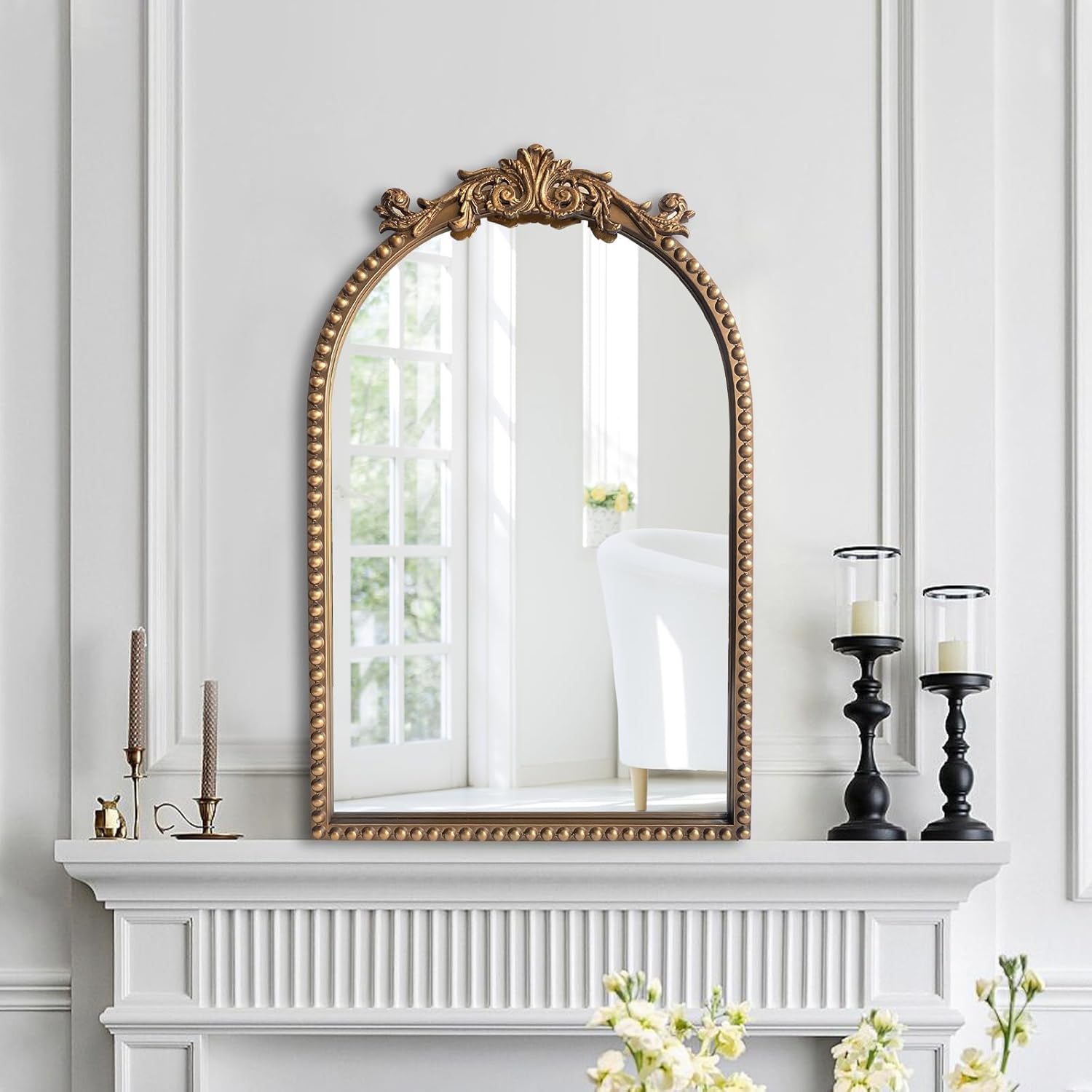 ironsmithn Gold Arched Mirror, 20"x32" Ornate Beaded Frame Mirror, Metal Decorative Accent Mirrors for Fireplace Bedroom Bathroom Living Room Entryway 32"L x 20"W