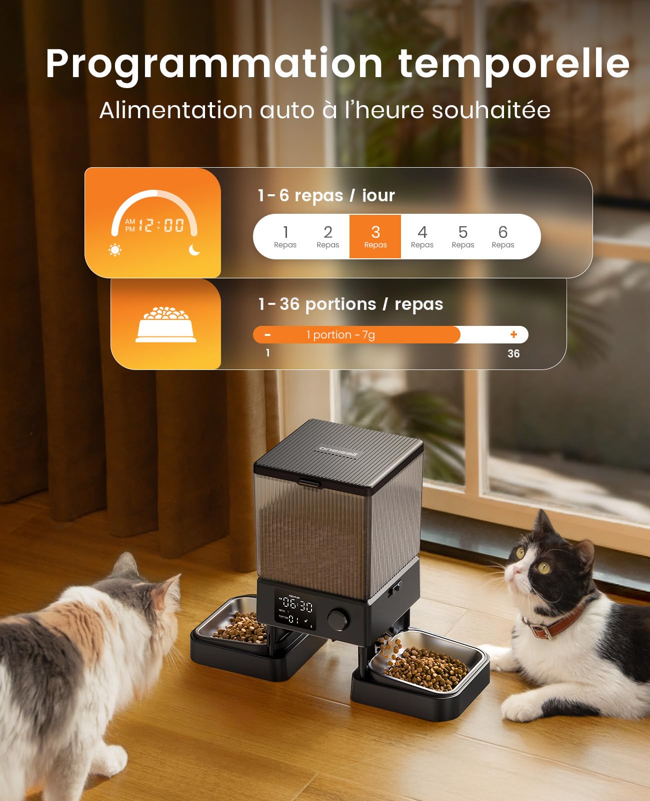 oneisall 5L Distributeur Croquettes Chat Automatique 2 Bols Mangeoire Automatique pour Chat à Un Bouton Fonctionnement Facile Mangeoire
