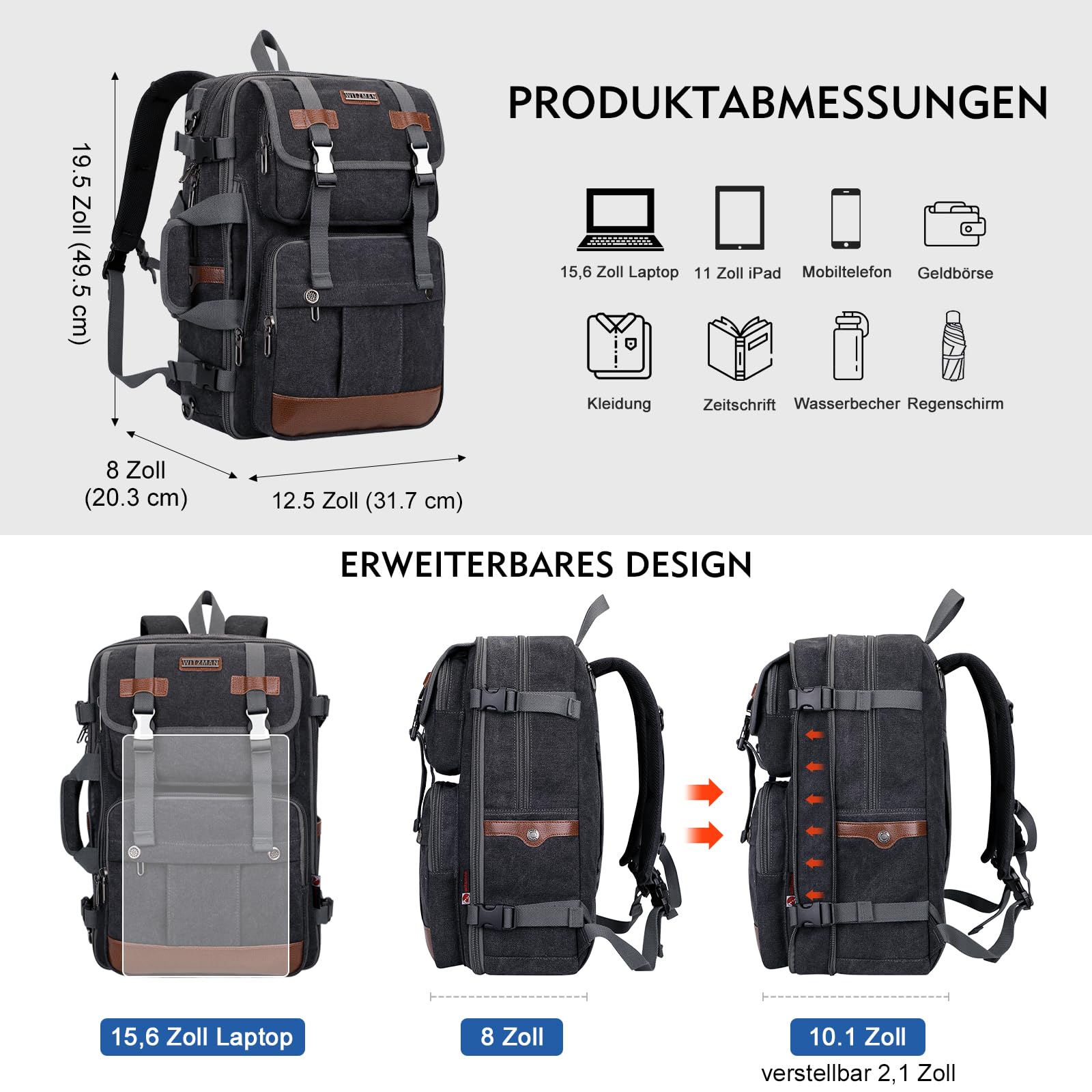 WITZMAN Reiserucksack Herren Canvas 40L Laptop-Rucksack für 16-Zoll-Laptop | Erweiterbar von 32-42L, Flugtauglicher Umwandelbarer Schulterrucksack für Handgepäck, Ideal für Urlaub, A6617-3 Schwarz