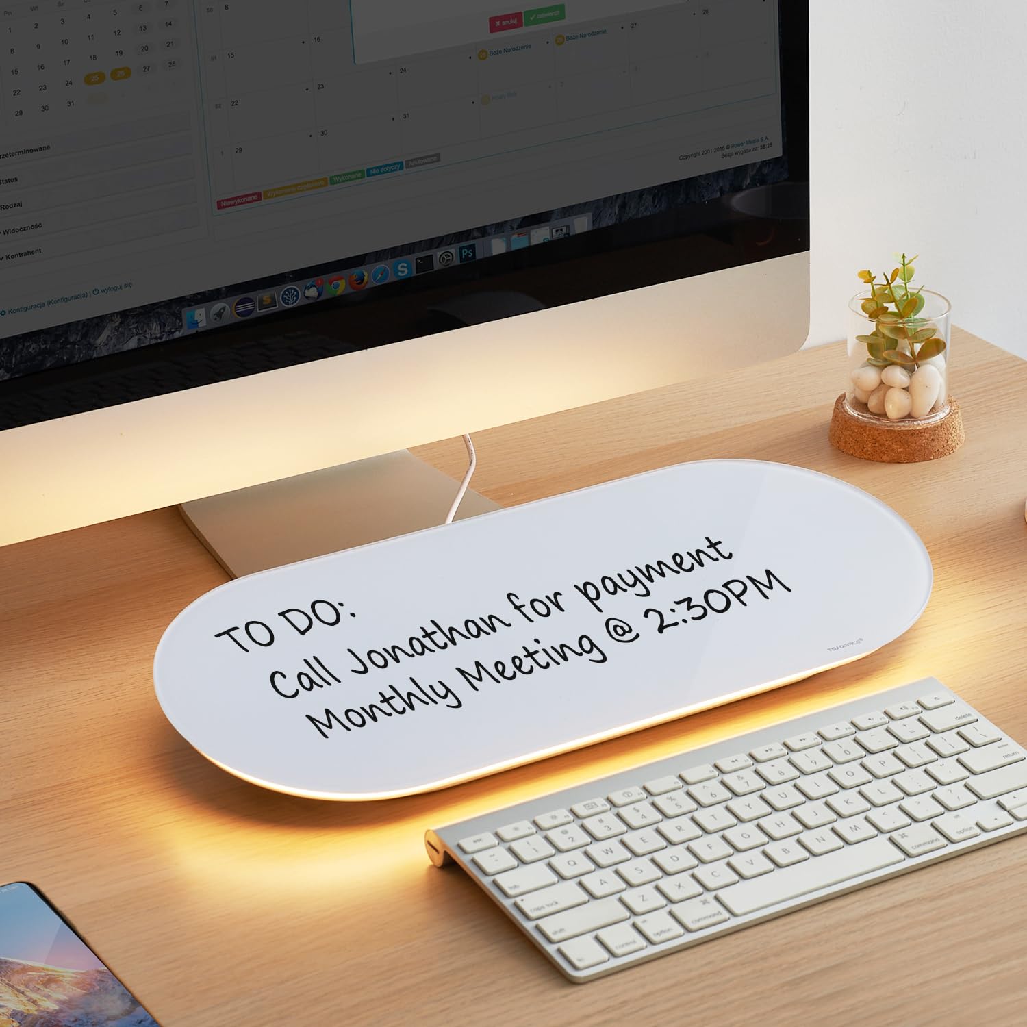 TSJ OFFICE Glass Desktop Whiteboard - 17 X 7 Inches Small Dry Erase Board with Warm White Light, Glass White Board Surface Notepad with 1 Drawer, Desk