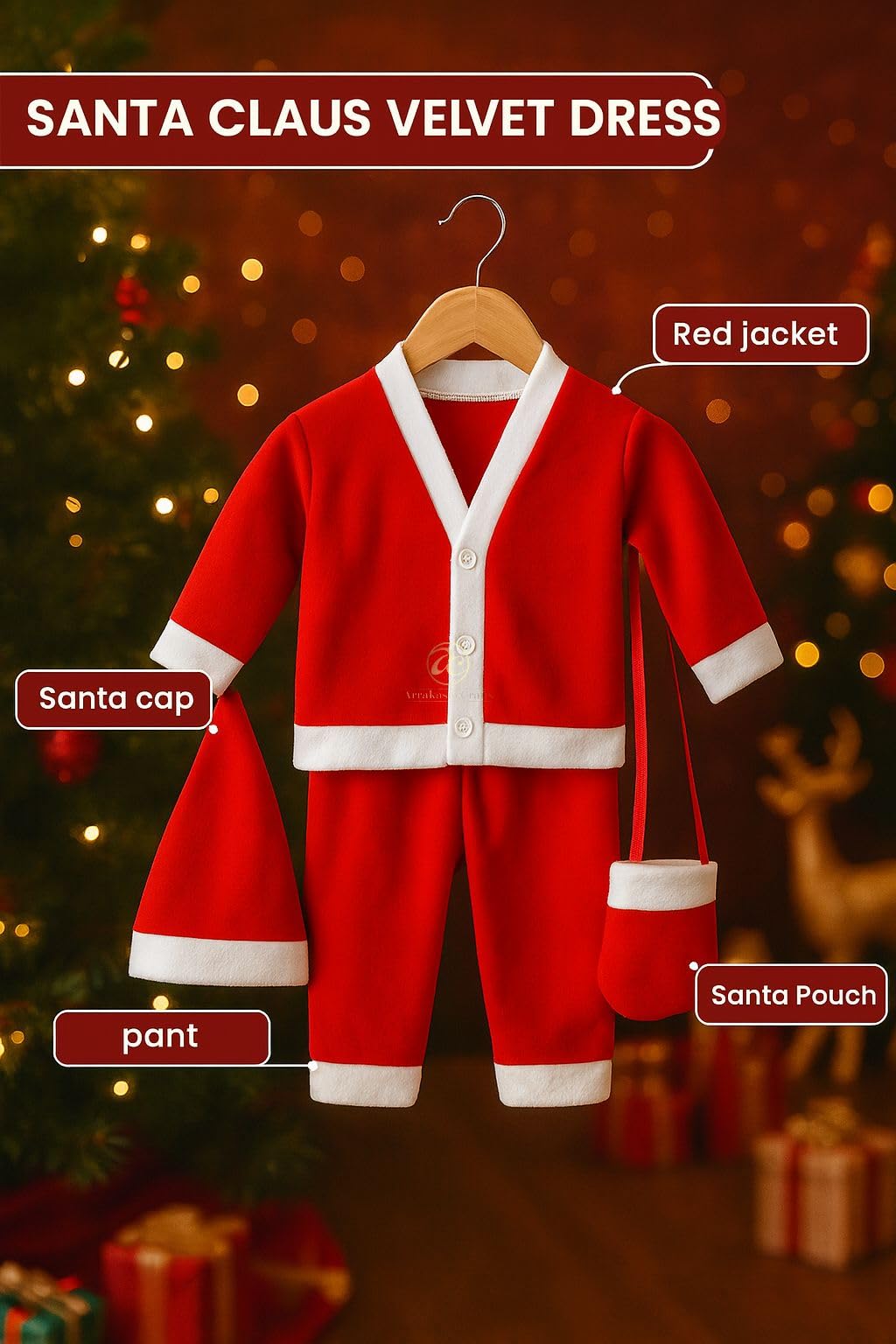 Arrakasta Crafts Velvet Santa Claus Dress For Kids And Adults | Merry Christmas Costume Set With Jacket, Pant, Cap, Pouch | Premium Extra Warm Santa Dress For Boy, Girl, Adult (2-3 Year) 4