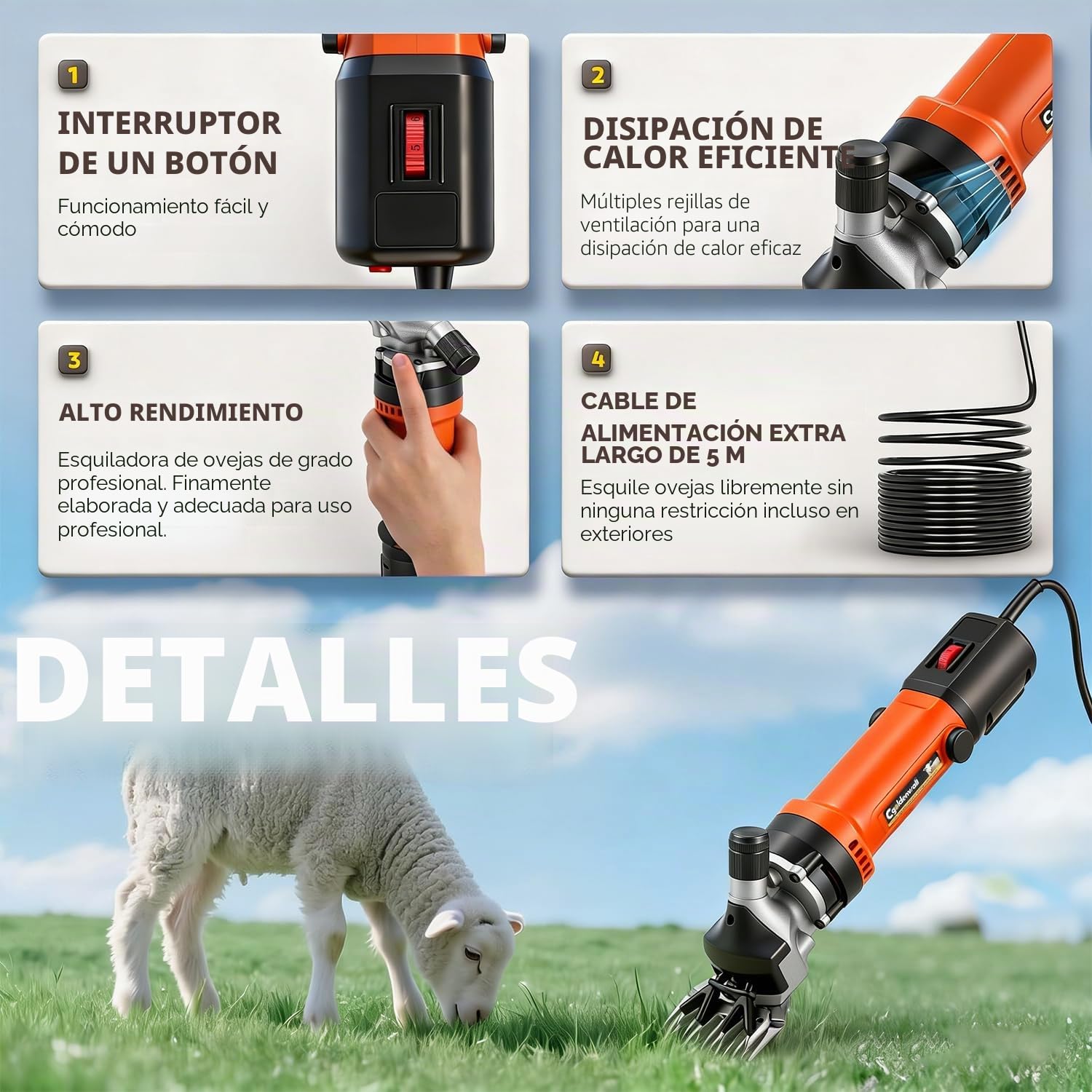 CGOLDENWALL Esquiladora para Oveja Profesional 690W 2400RPM, Ajuste de 6 Velocidades, con Cable de Alimentación de 5 Metros, para Ovejas Alpacas Cabras - Aceite Lubricante Incluido