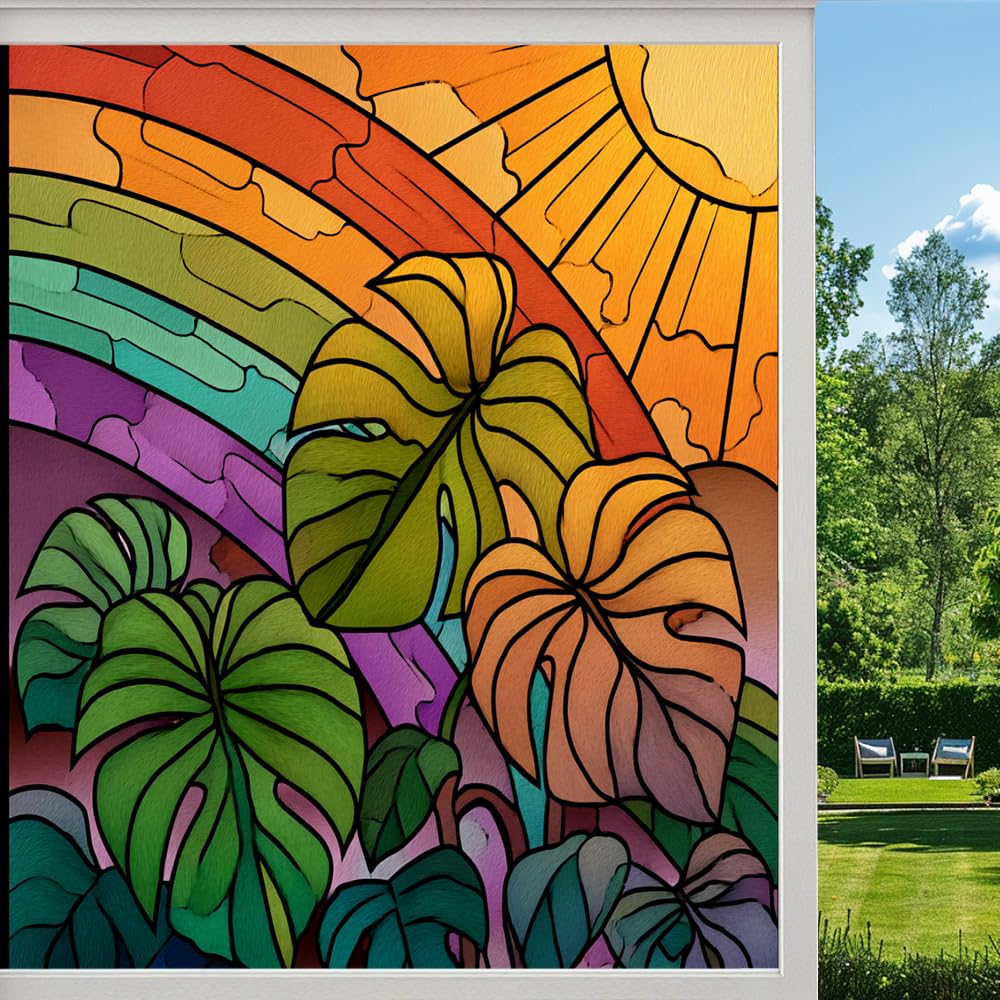 Colorful Monstera Stained Glass Window Film, Tropical Colorful Plant Leaves Peel and Stick Privacy Film, Frosted Adhesive Vinyl Decorative for Bathroom Windows Glass Doors, （90x160cm）