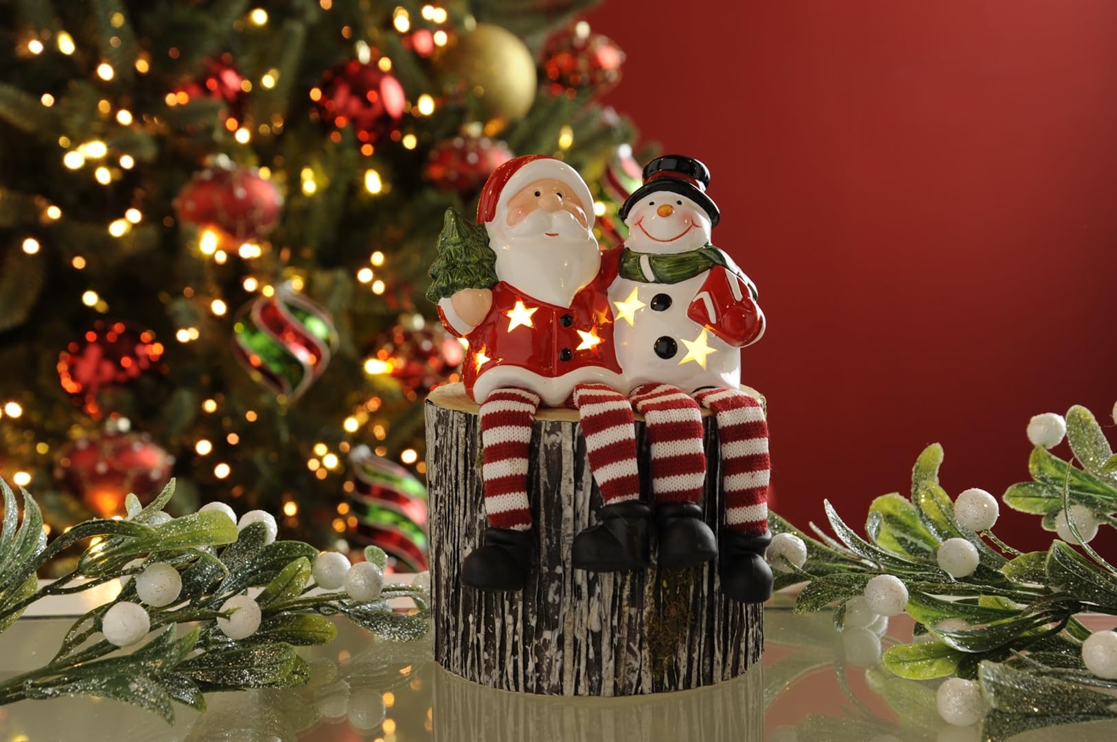 South Eastern Horticultural Red And White 17Cm Battery Operated Ceramic Santa/Snowman Christmas Shelf Sitter