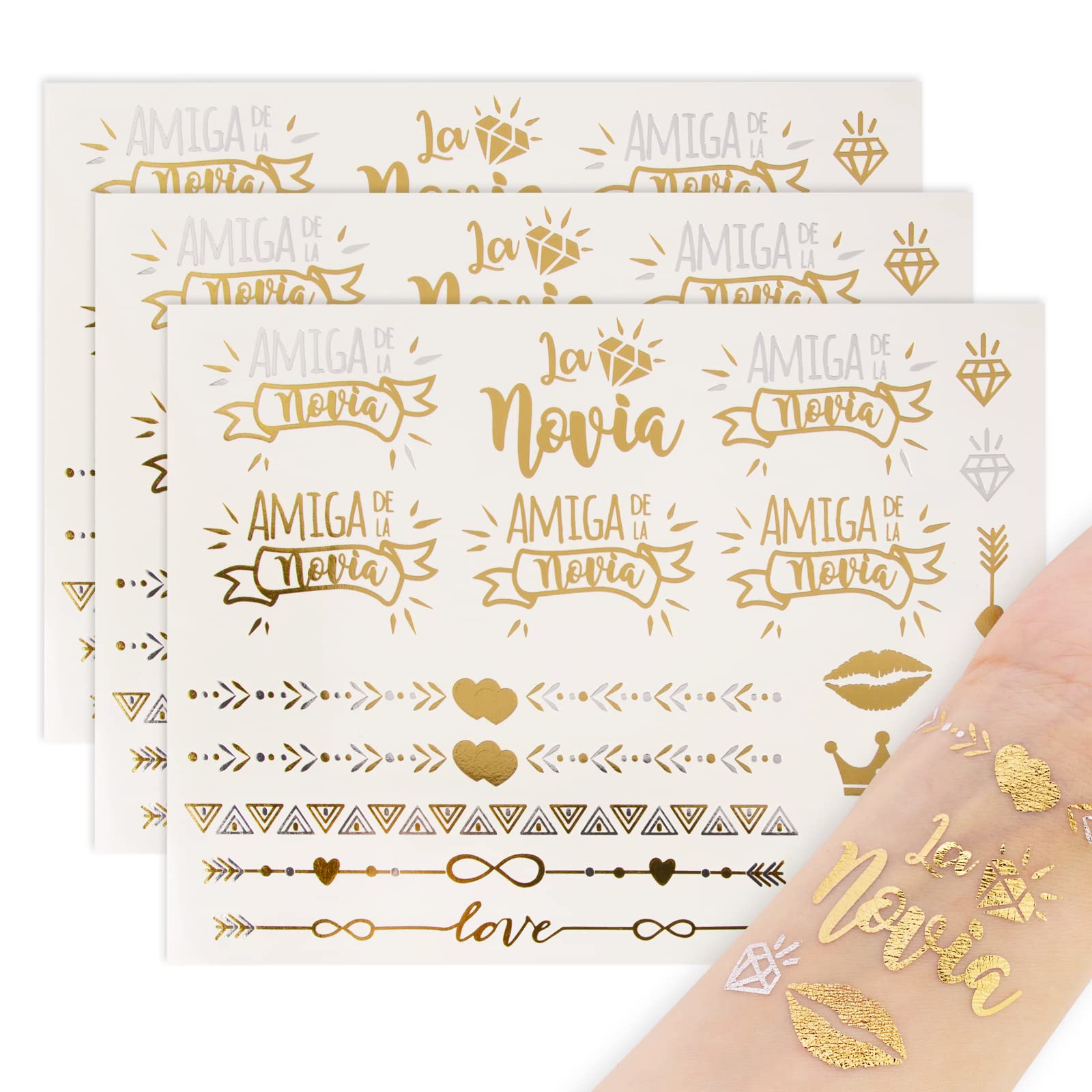 FLOFIA Despedida de Soltera Tatuajes Temporales, Tatuajes de Boda Novio de Transferencias al Agua para Fiesta Nupcial, Novia + Amiga de La Novia, Oro + Plateado